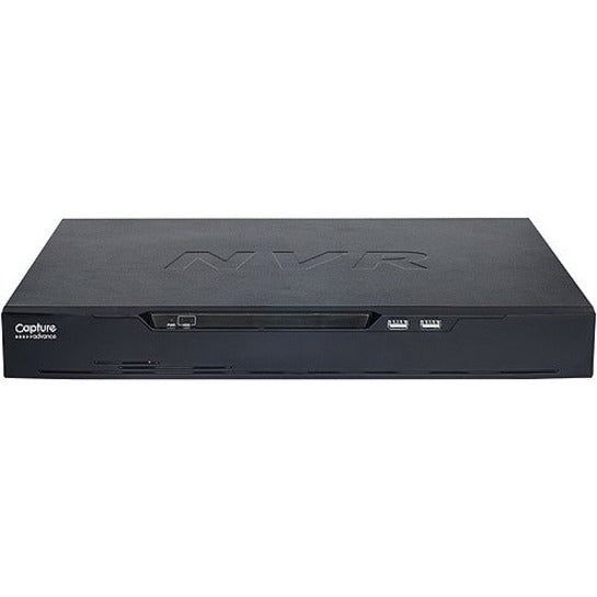 Front view of Capture Advance R2-NVR16C4TB Network Video Recorder showing sleek black chassis with NVR embossed logo and USB ports-alternate-image1