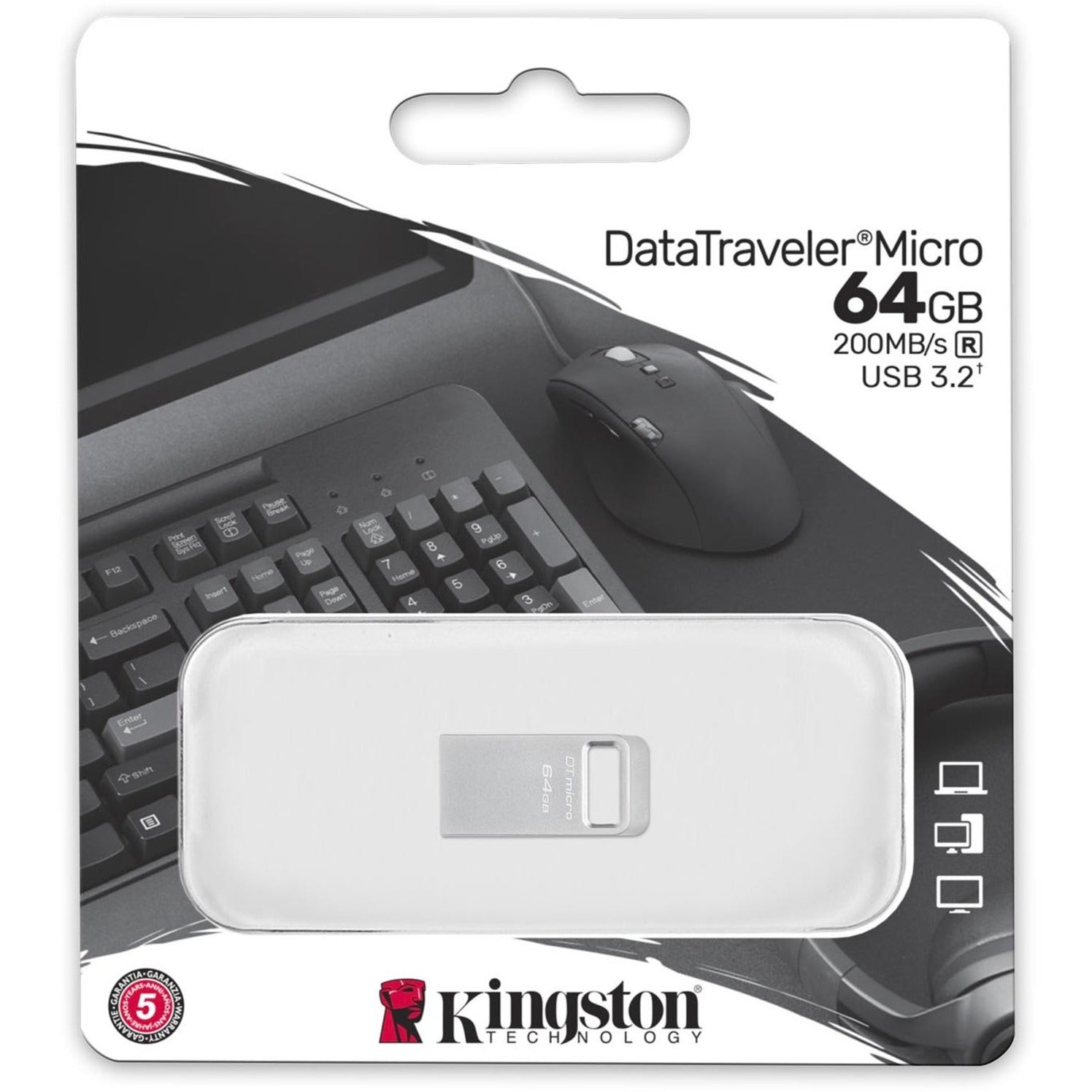 Kingston DTMC3G2/64GB DataTraveler Micro USB Flash Drive, 64GB Storage, 200 MB/s Read Speed