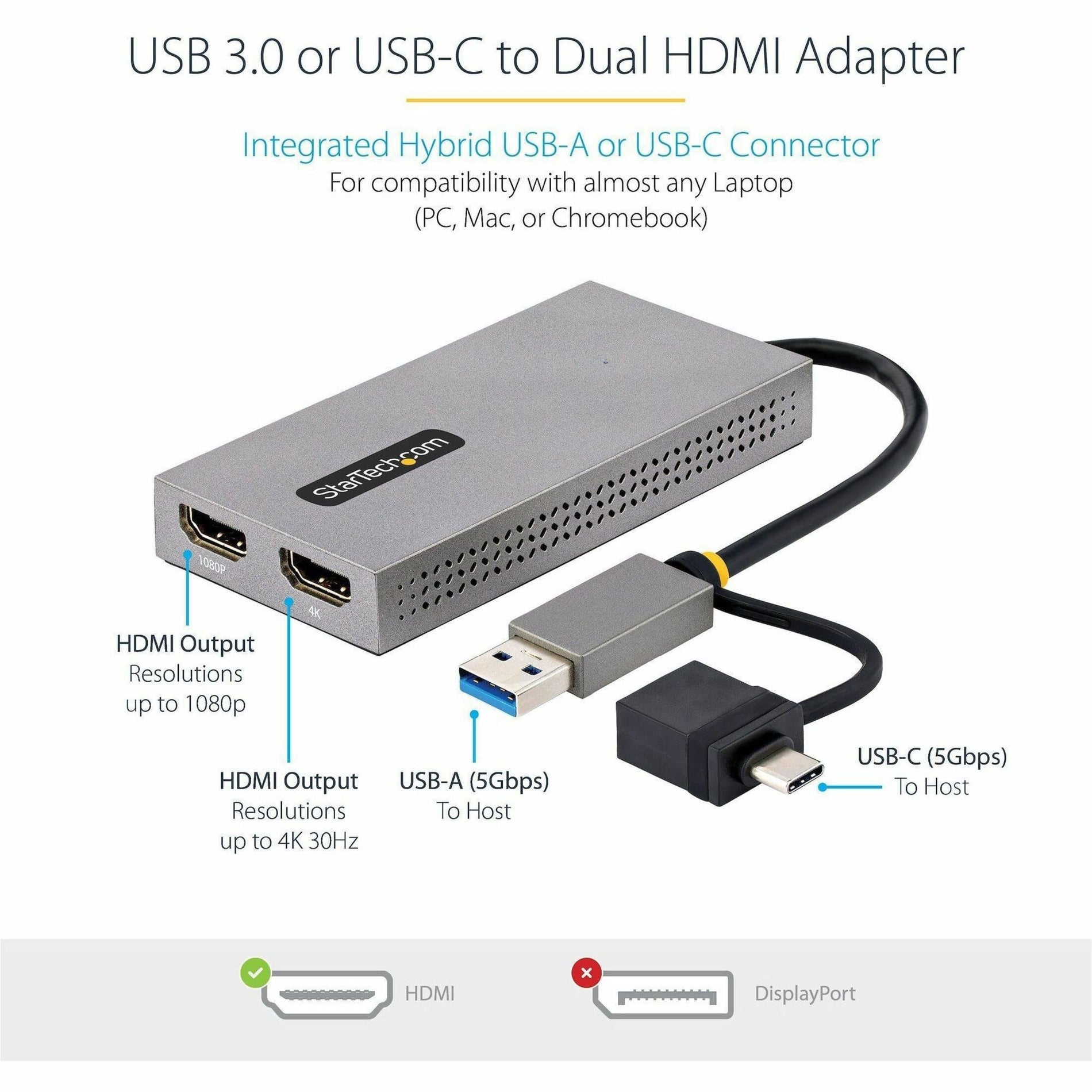 StarTech.com 107B-USB-HDMI USB-A/USB-C to Dual HDMI Adapter, 4K 30Hz, 1080P, LED Indicator
