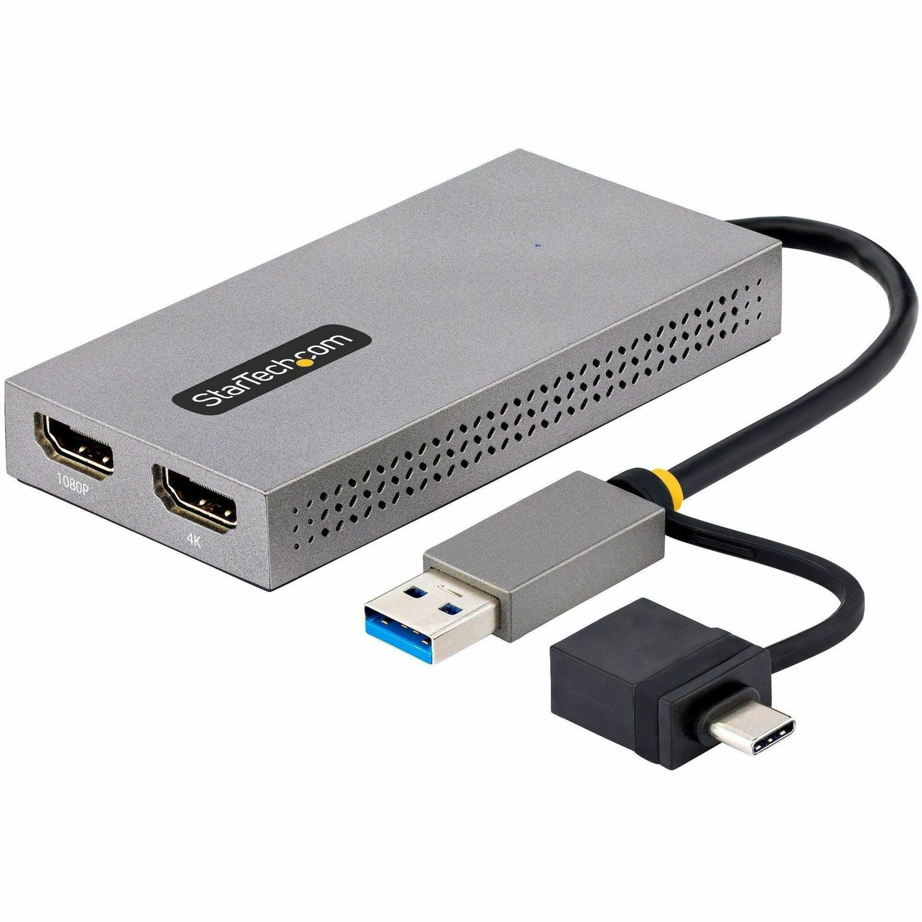 StarTech.com 107B-USB-HDMI USB-A/USB-C to Dual HDMI Adapter, 4K 30Hz, 1080P, LED Indicator