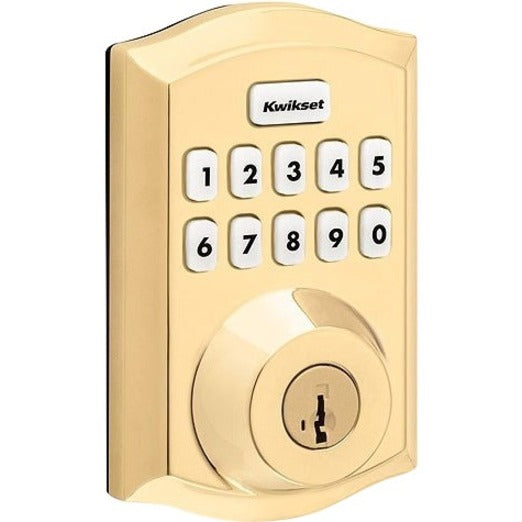 Front view of Kwikset 620 smart lock showing illuminated numeric keypad and brass finish deadbolt-alternate-image1