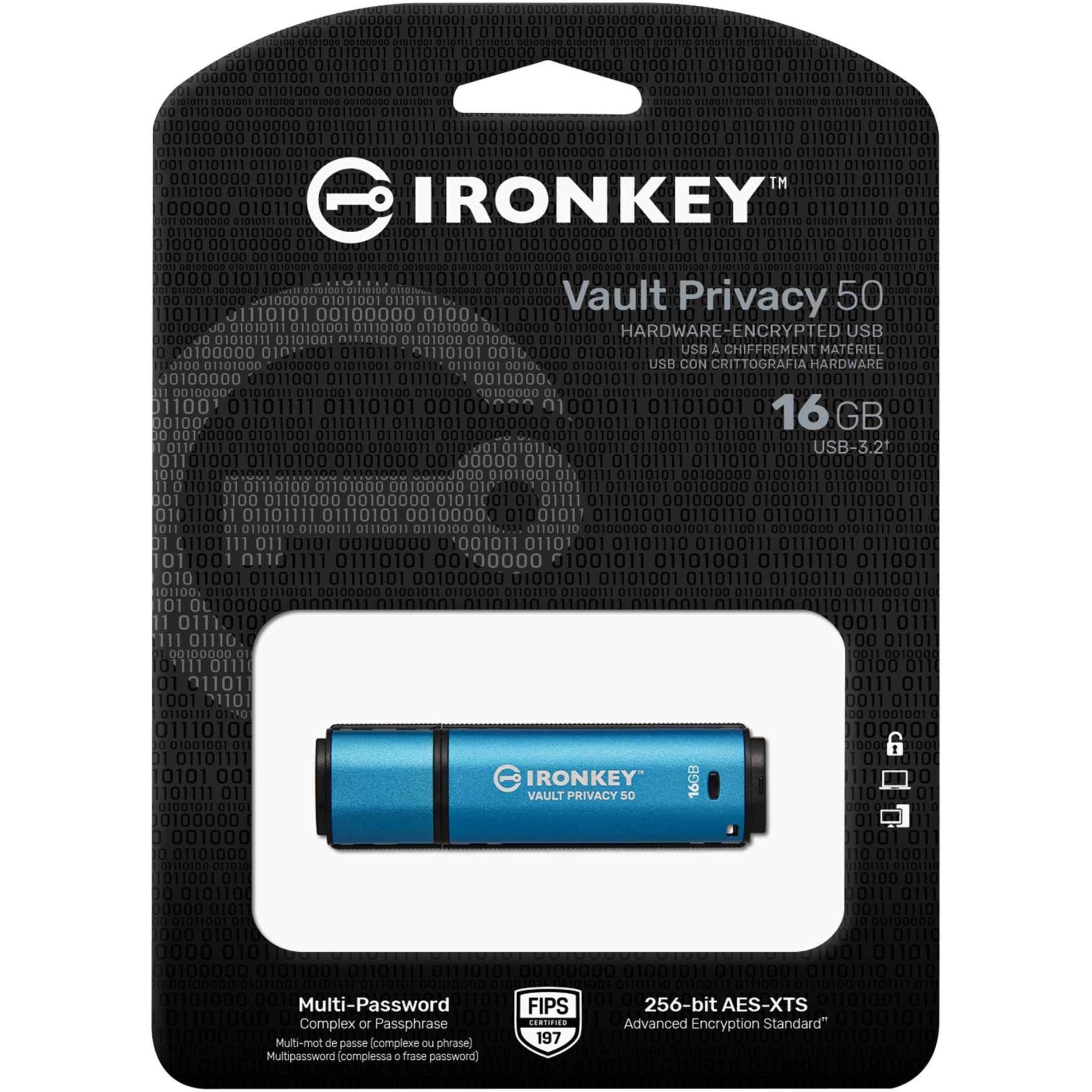 IronKey IKVP50/16GB Vault Privacy 50 Series 16GB USB 3.2 (Gen 1) Type A Flash Drive, Password Protection, 256-bit AES Encryption