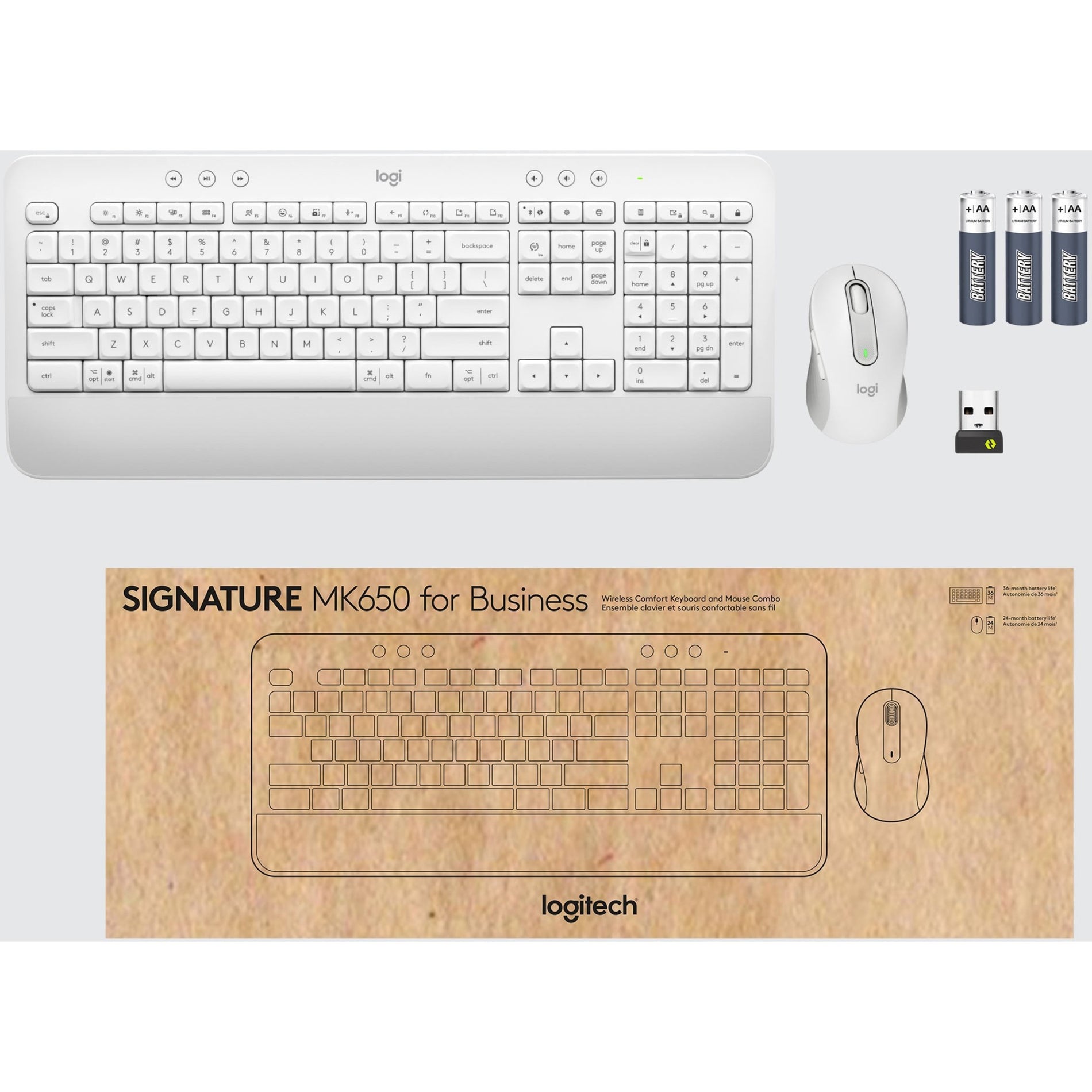 Logitech 920-011018 Signature MK650 Combo for Business Wireless Mouse and Keyboard Combo, Off White Brown Box