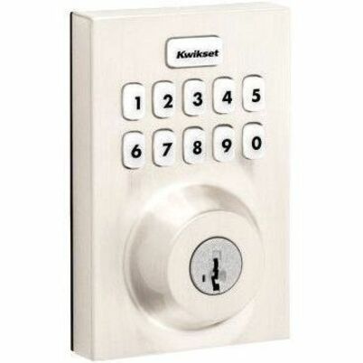 Front view of Kwikset 620 Smart Deadbolt showing numerical keypad and cylinder lock in satin nickel finish-alternate-image1