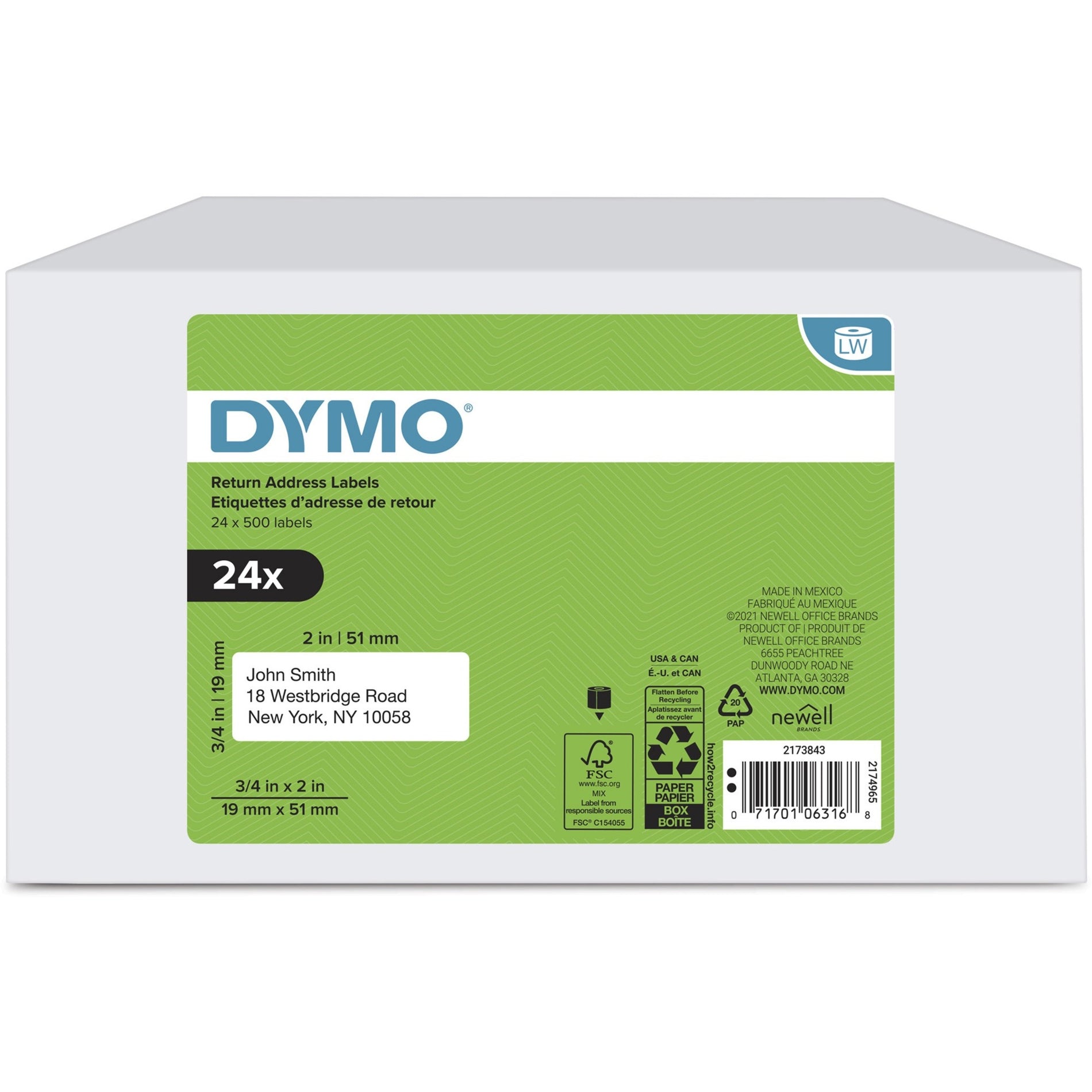 Dymo 2173843 Return Address Multipurpose Labels, Self-adhesive, 3/4" x 2", 500 Labels per Roll, White