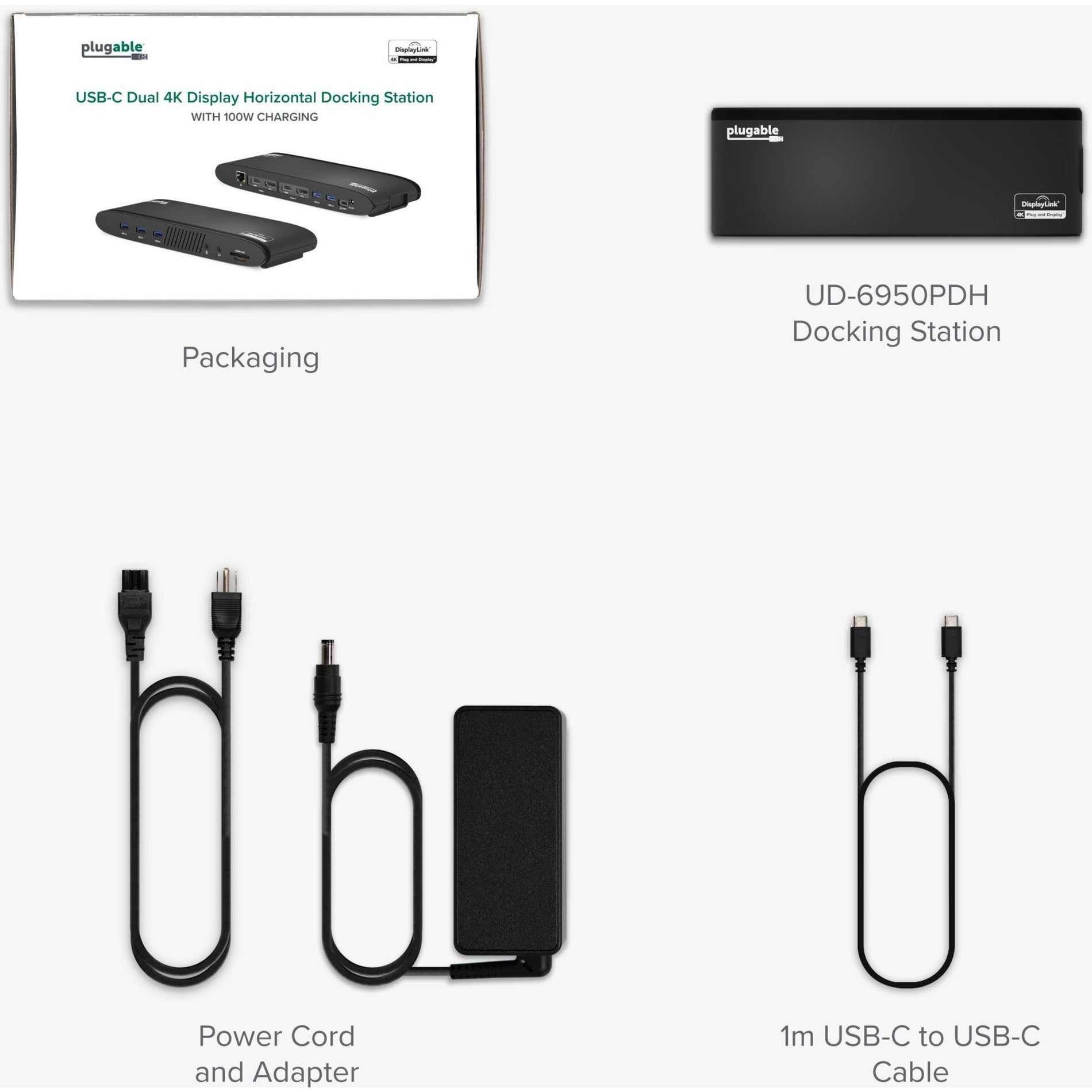 Plugable UD-6950PDH Docking Station, Dual Monitor, 100W Charging, Dual 4K Displays, HDMI or DisplayPort, USB C