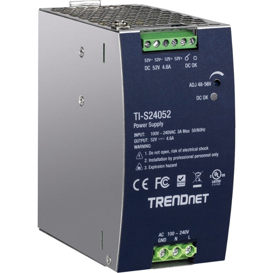 TRENDnet TI-S24052 240W 52V DC 4.61A AC to DC DIN-Rail Power Supply, Industrial Power Supply with Built-In Power Factor Controller Function