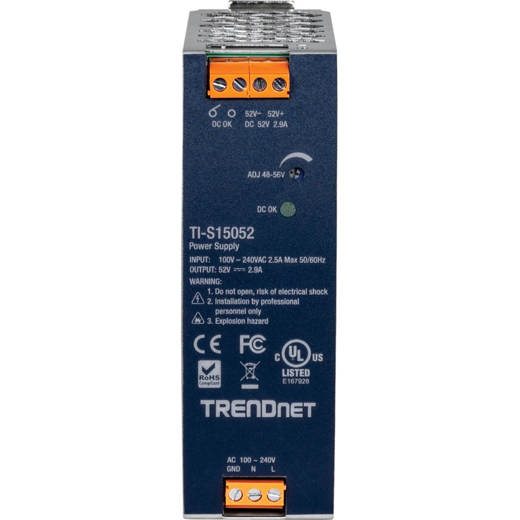 TRENDnet TI-S15052 150W 52V DC 2.89A AC to DC DIN-Rail Power Supply, Industrial Power Supply with Built-In Power Factor Controller Function