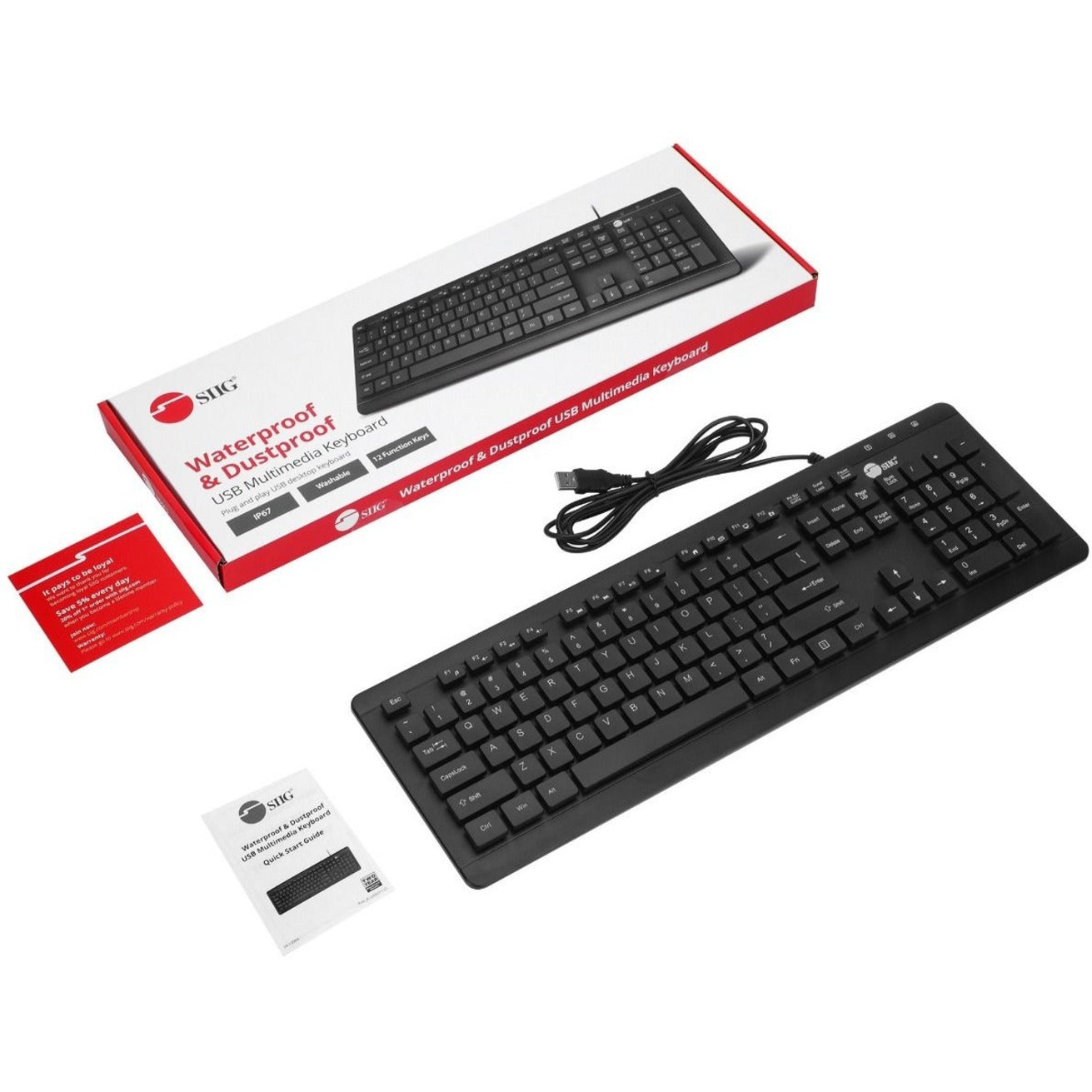SIIG JK-US0U11-S1 Waterproof & Dustproof USB Multimedia Keyboard, Full-size, Plug and Play, Quiet Keys, Non-slip