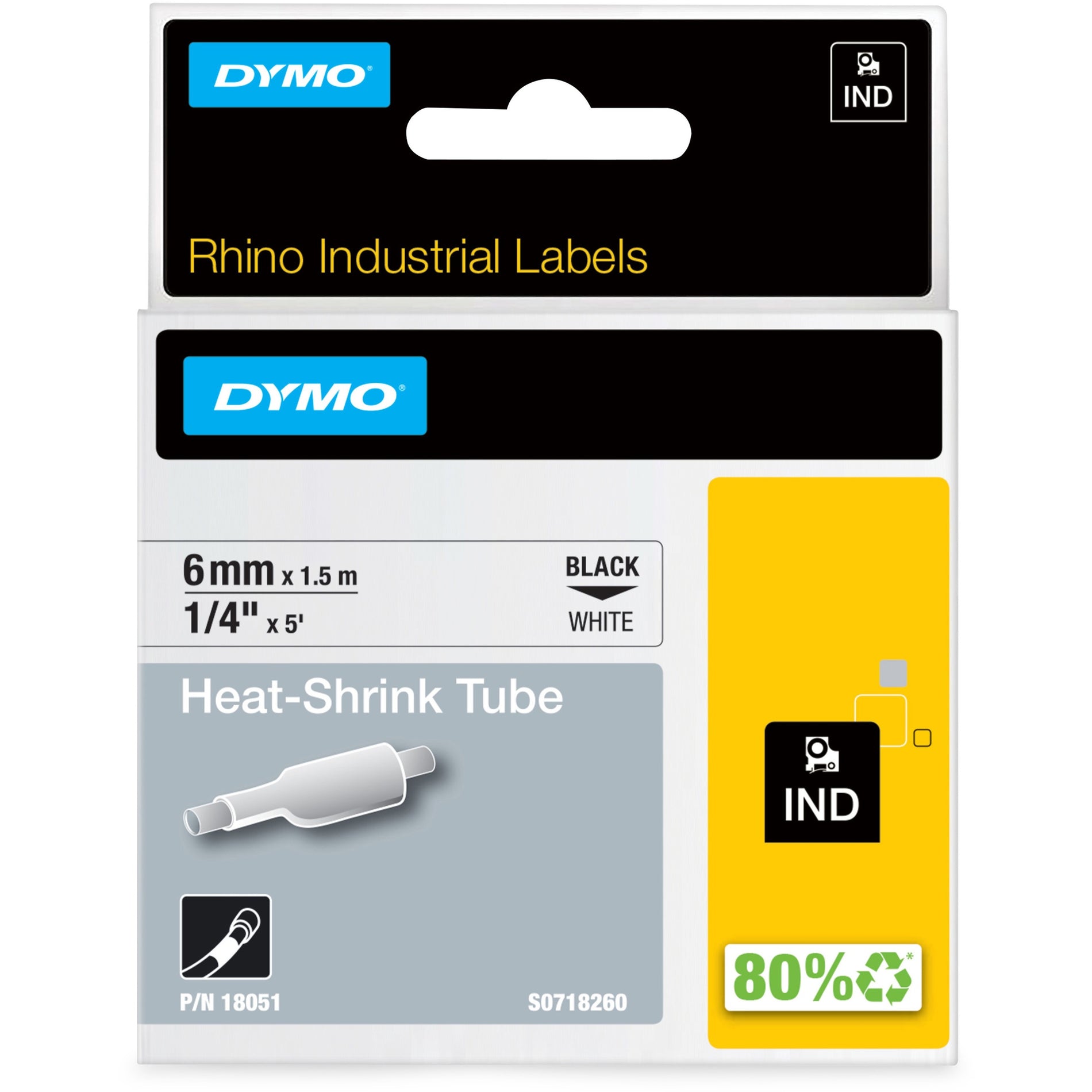 Dymo 18051 Rhino Heat Shrink Tube Labels, 1/4"x5', White