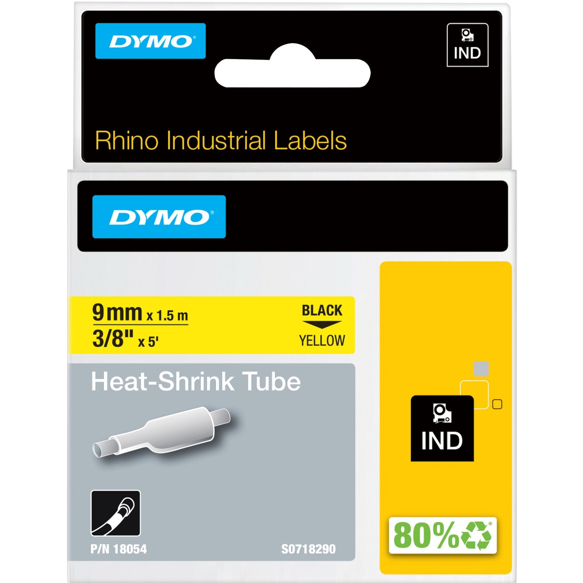 Dymo 18054 Heat Shrink Tube Label, Yellow, Polyolefin, 3/8"