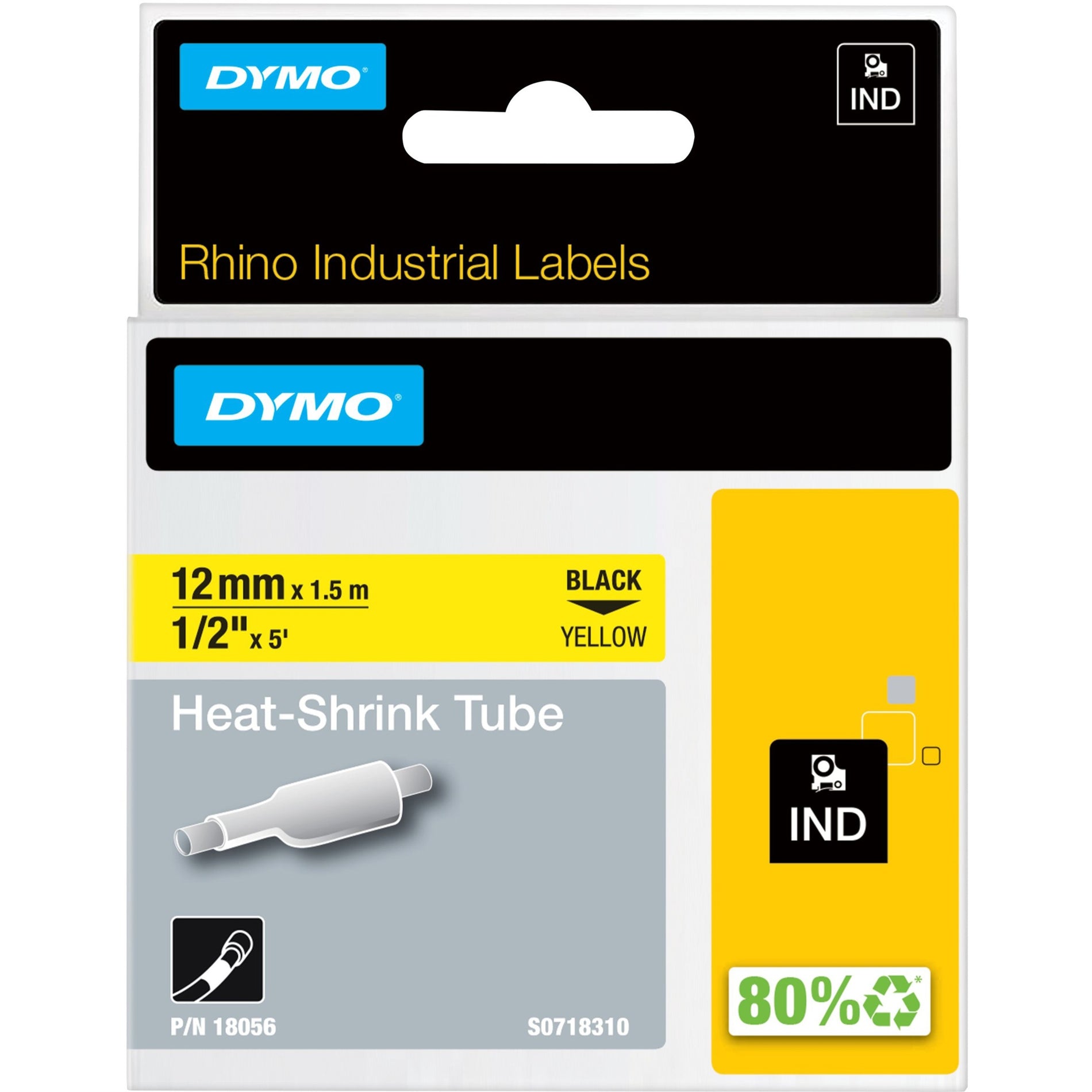 Dymo 18056 Heat Shrink Tube Label, Yellow, 1/2" Width, Thermal Transfer