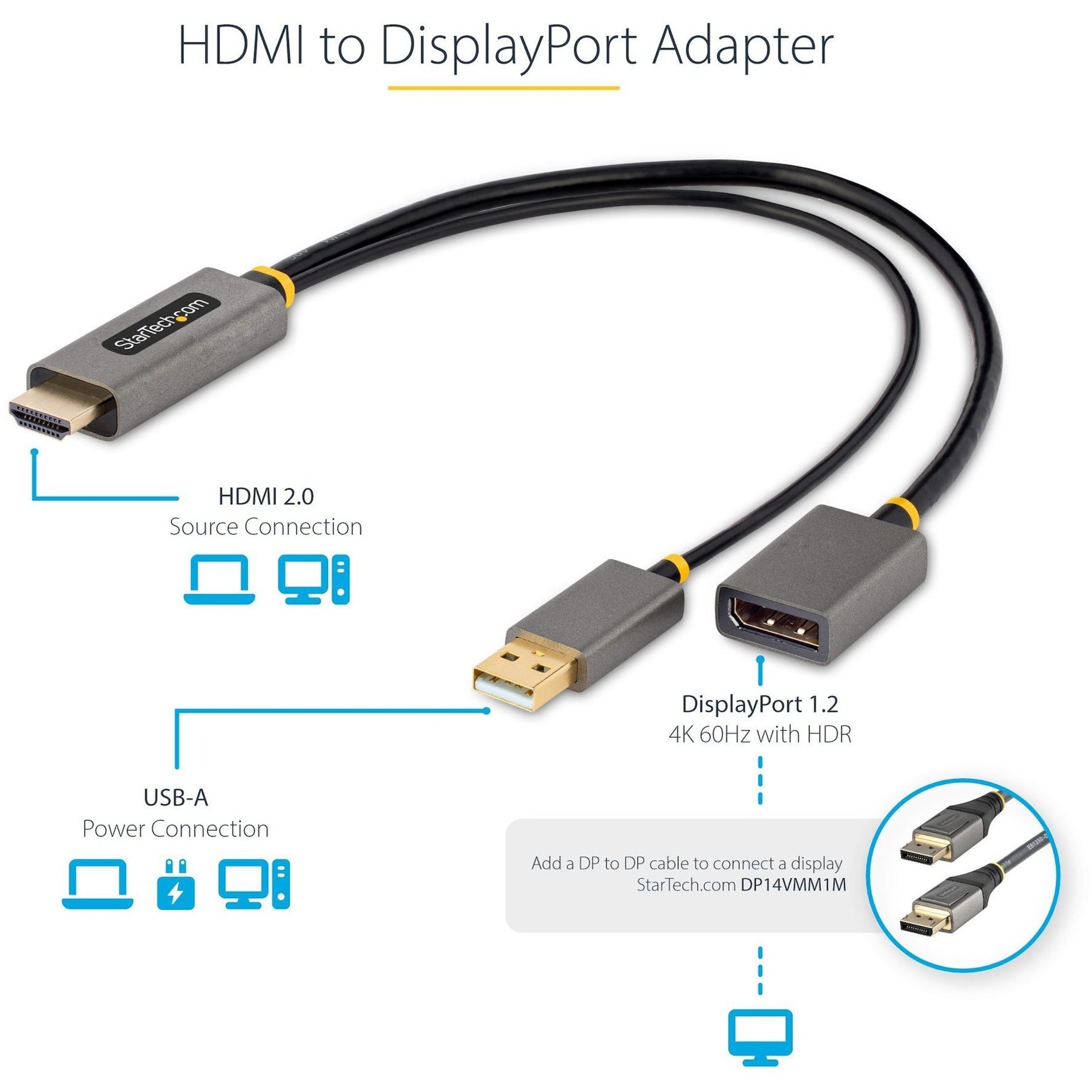 StarTech.com 128-HDMI-DISPLAYPORT HDMI to DisplayPort Adapter, 4K 60Hz HDR USB Powered