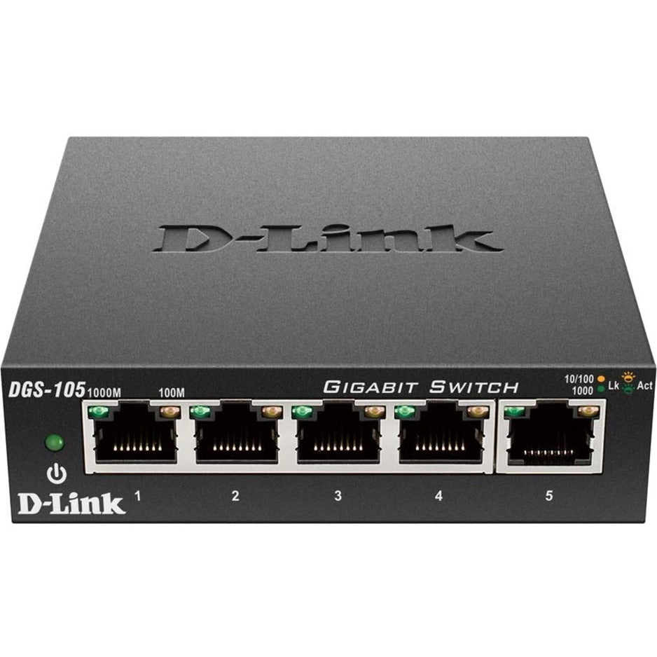 D-Link DGS-105 5-Port Desktop Switch, 5 Gigabit Ethernet Network Ports, Metal Construction