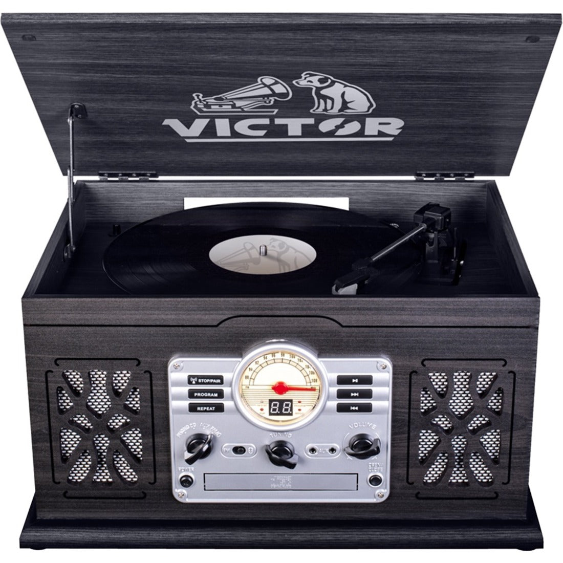 VICTOR VWRP-3800-GR State 7-in-1 Three Speed Turntable with Dual Bluetooth - Graphite, Analog Magnetic, CD-R Supported