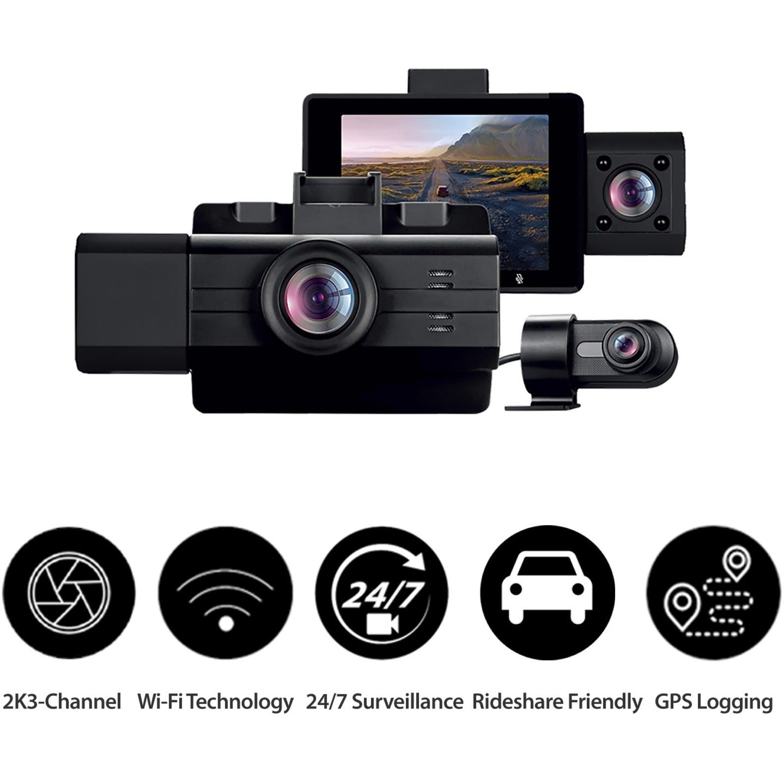 myGEKOgear GOSP32G Scout Pro Vehicle Camera, 2K 3-Channel Dash Cam with Wide Angle View, Instant Video Access, and 32GB SD Card Included