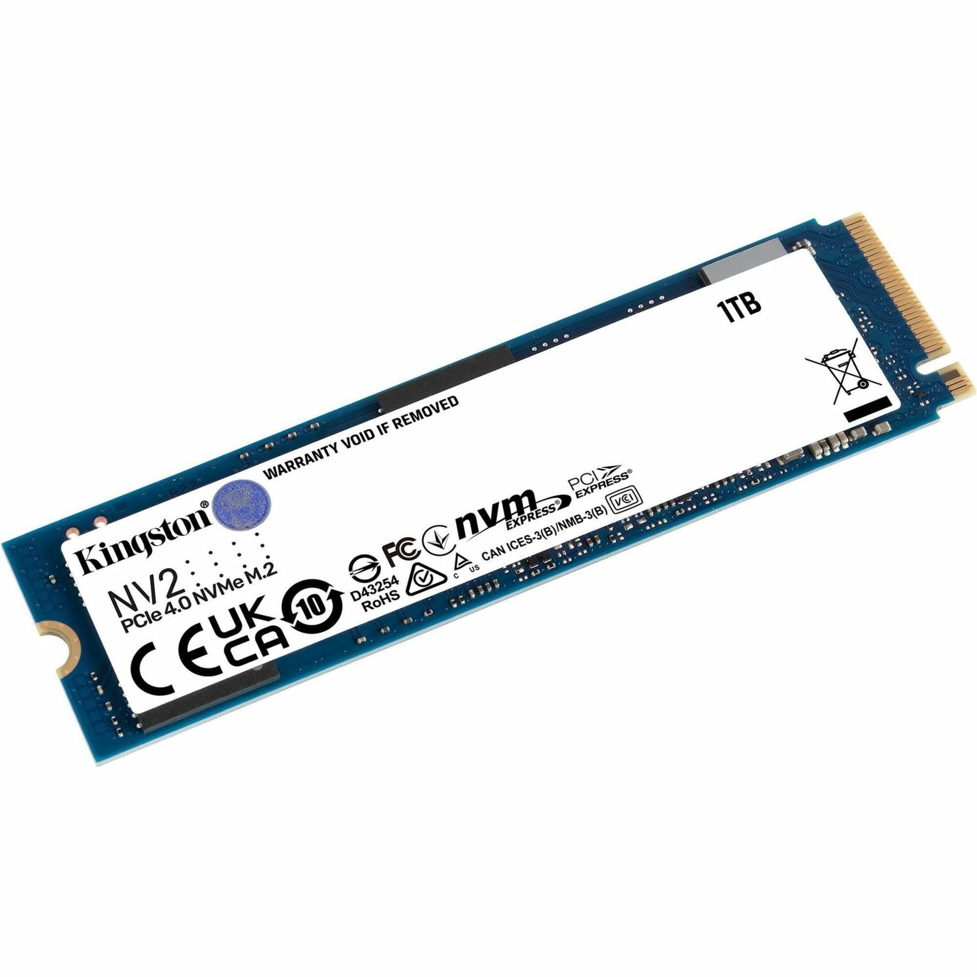 Kingston SNV2S/1000GBK NV2 Solid State Drive, 1 TB, PCIe NVMe 4.0, 3500 MB/s Read, 2100 MB/s Write