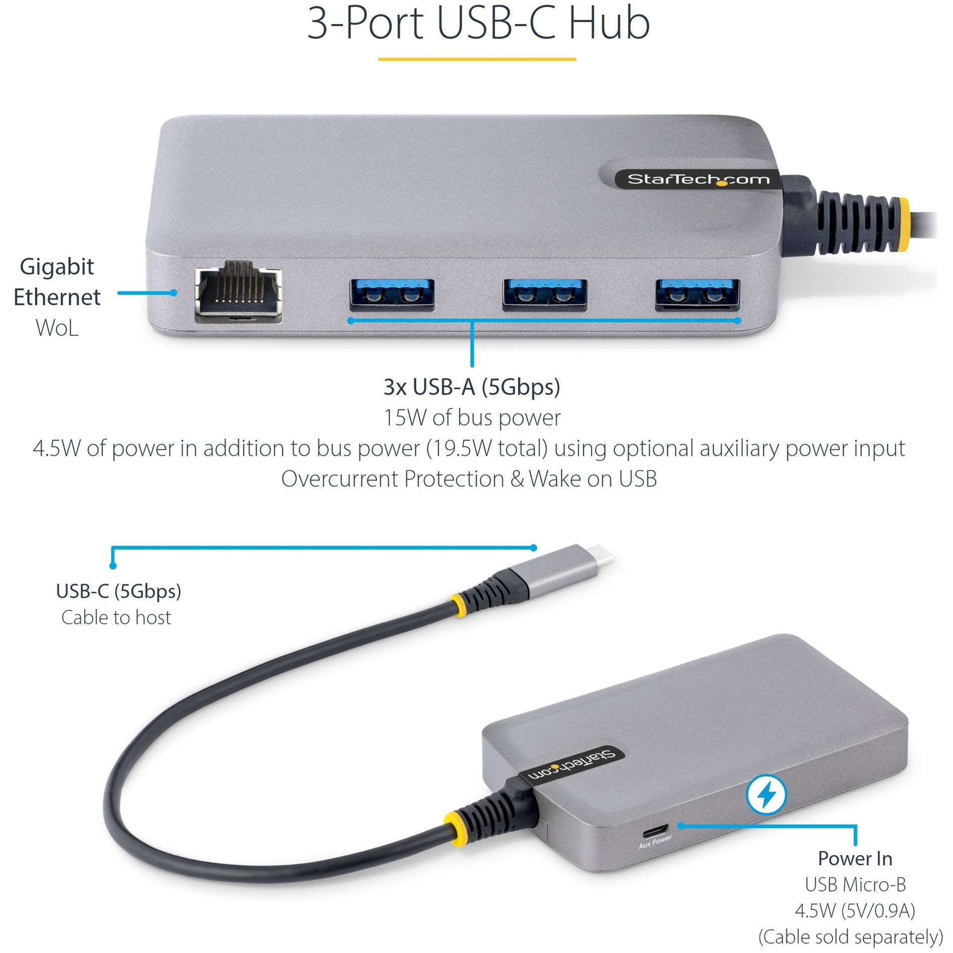 StarTech.com 5G3AGBB-USB-C-HUB USB/Ethernet Combo Hub 3 USB Ports Space Gray