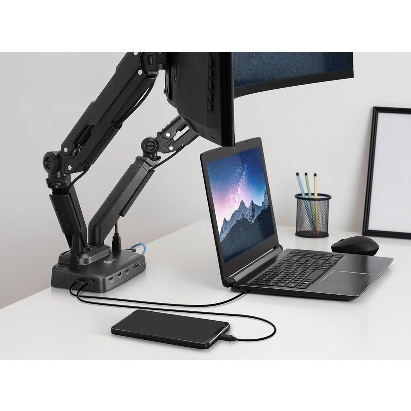 SIIG CE-MTDK01-S1 Dual Gas Spring Monitor Arm Desk Mount with 4K Docking Station & PD, Space Gray/Black, Office/Home/Notebook/TV
