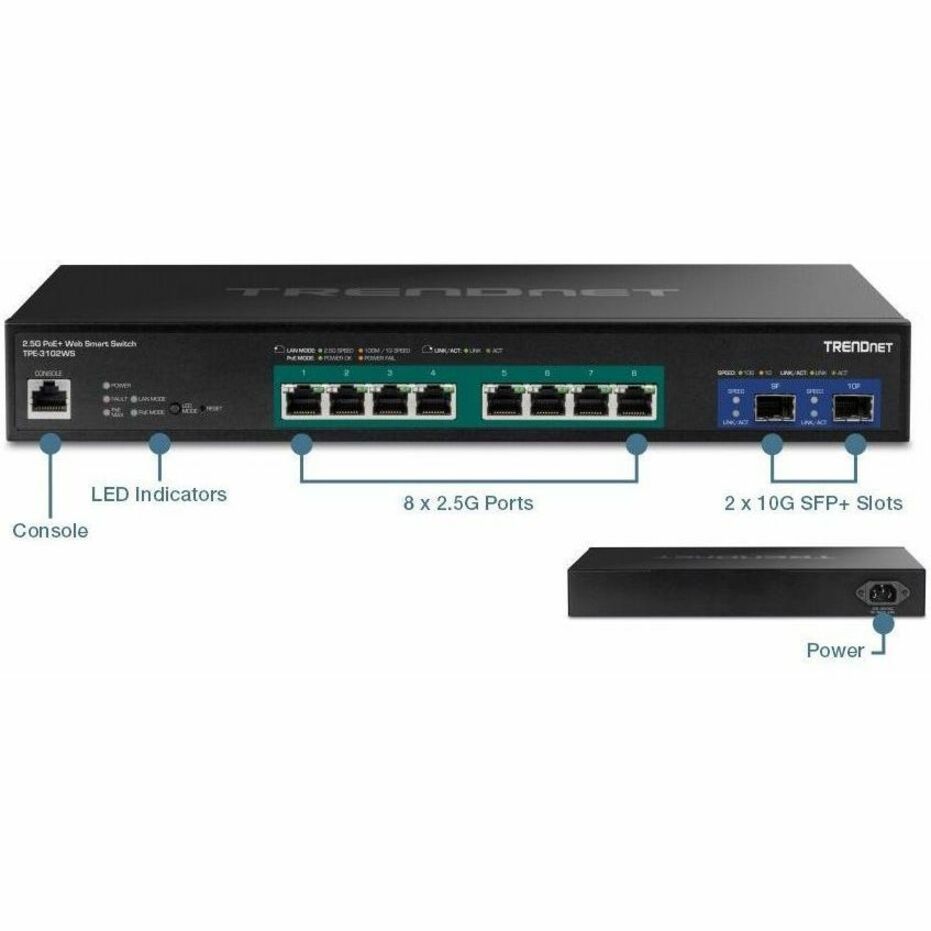 TRENDnet TPE-3102WS 10-Port Multi-Gig Web Smart PoE+ Switch, Managed Network Ethernet Switch, Lifetime Protection, Black