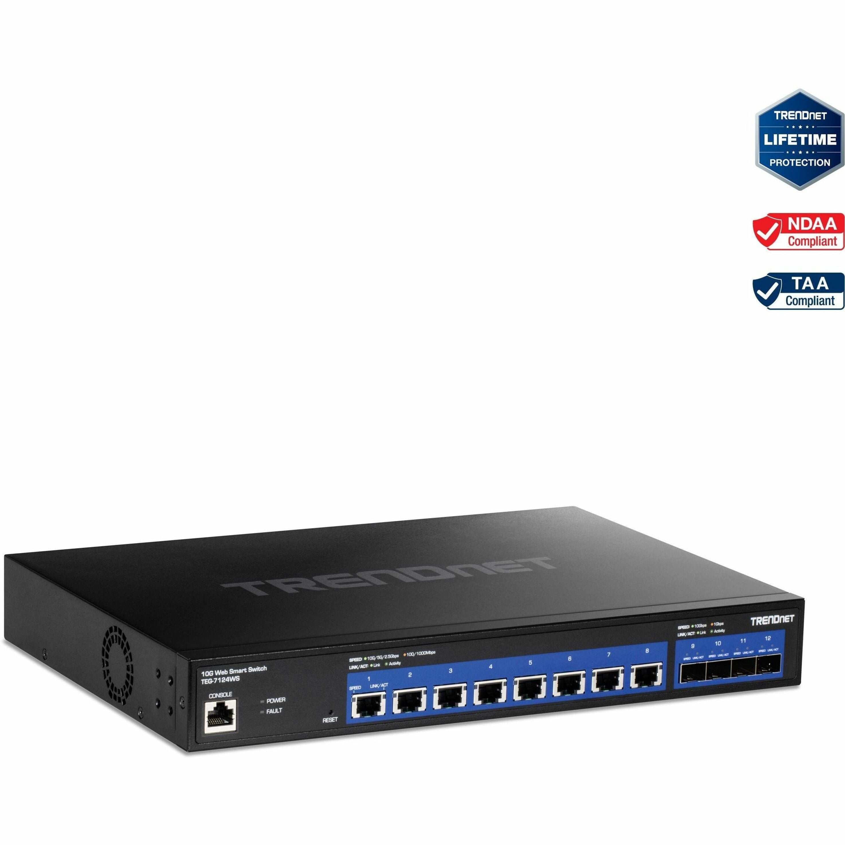 TRENDnet TEG-7124WS 12-Port 10G Web Smart Switch, 8 x 10G RJ-45 Ports, 4 x SFP+ Slots, VLAN, QoS, LACP, and IPv6 Support