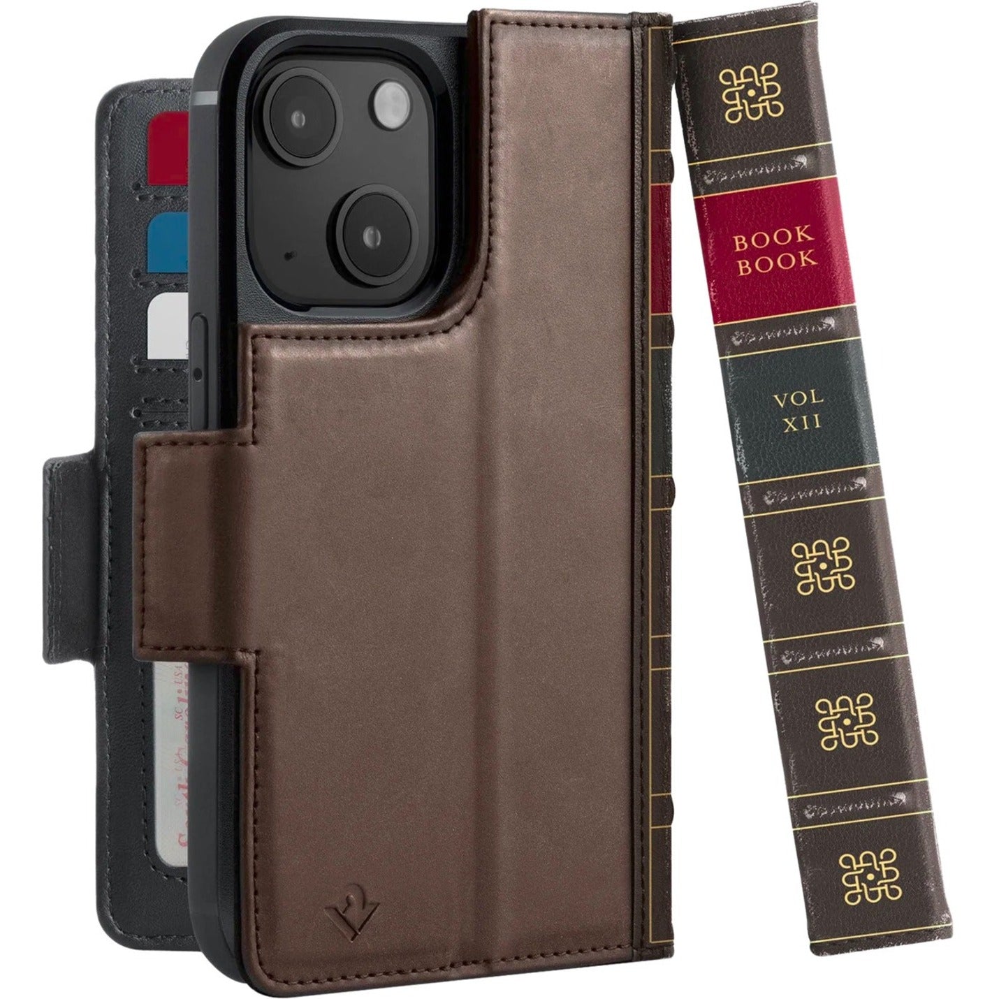 Twelve South TS-2222 BookBook Brown Leather Case Wallet for iPhone 14, Magnetic Closure, Qi Wireless Ready