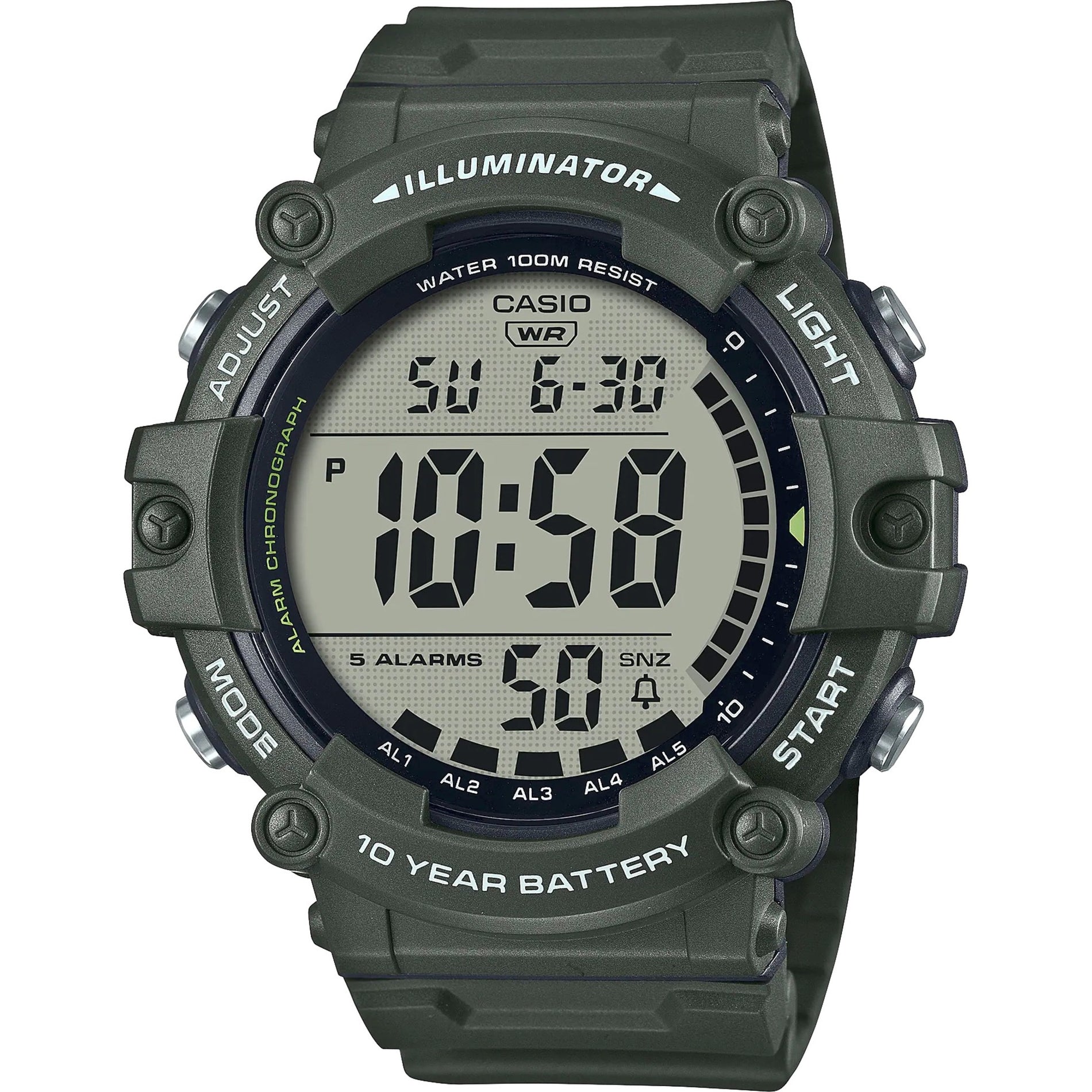 Casio AE1500WHX-3AV AE-1500WHX-3AV Wrist Watch, Water Resistant, 10 Year Battery Life, LED Screen, Green Strap