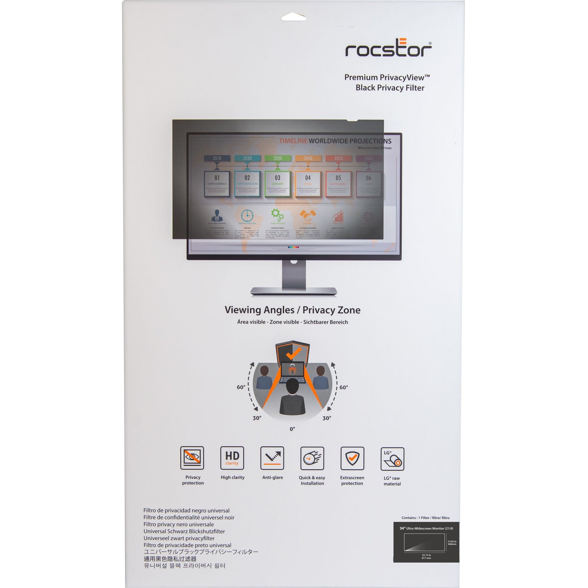 Rocstor PV0030-B1 PrivacyView Premium Privacy Filter for 34" Widescreen Landscape Monitor, Blue Light Reduction, Limited Viewing Angle, Crystal Clear Image, Reversible Glossy-to-Anti-glare, Privacy, Microlouver Privacy Technology