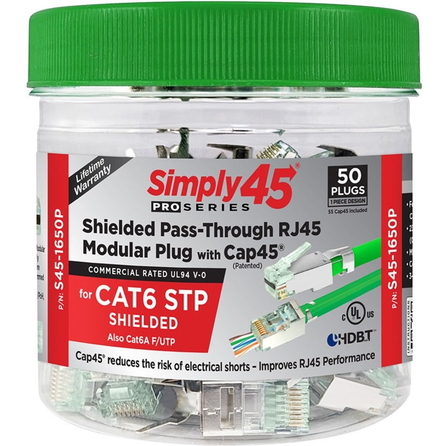 Simply45 ProSeries jar containing 50 shielded RJ45 connectors with green lid and product labeling-alternate-image1