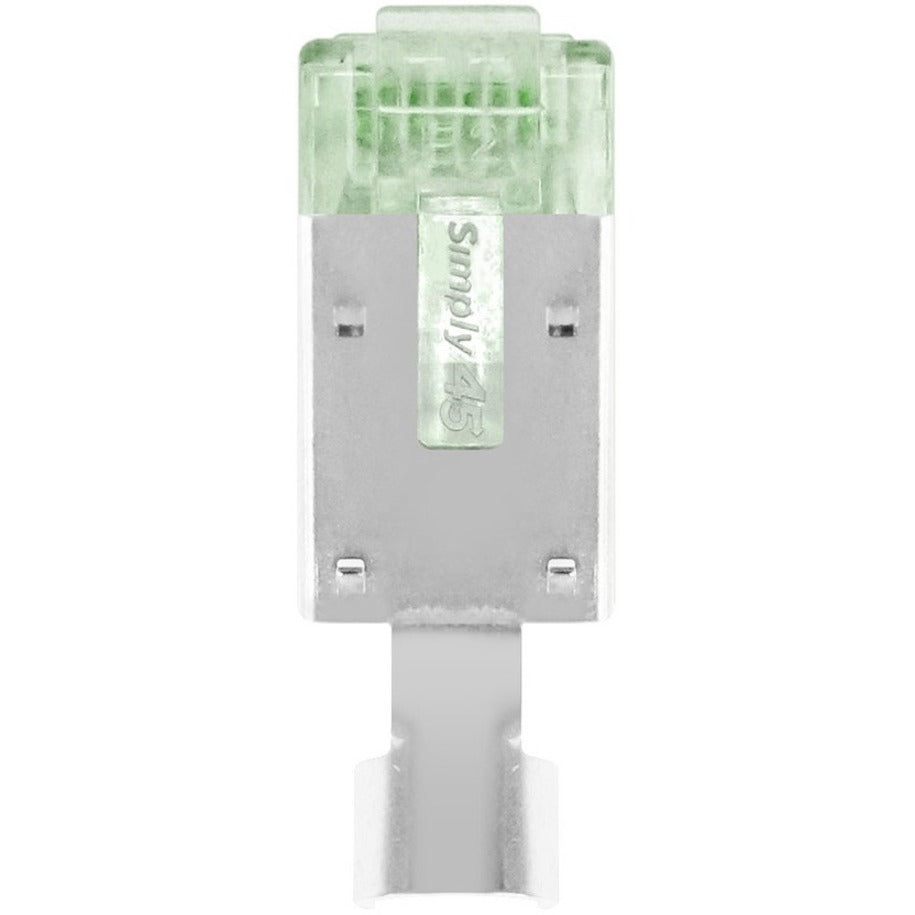 Close-up view of Simply45 RJ45 connector showing shielded design and translucent green housing-alternate-image2