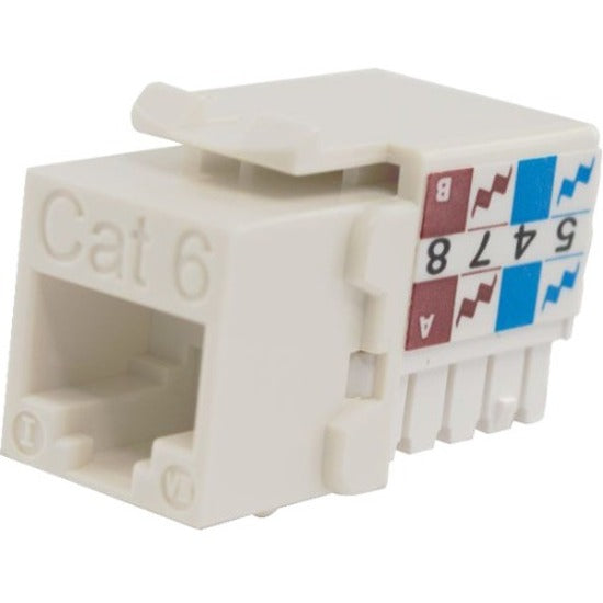 White Cat6 keystone jack with 90-degree angle design showing color-coded wiring scheme and Cat6 embossed marking-alternate-image1