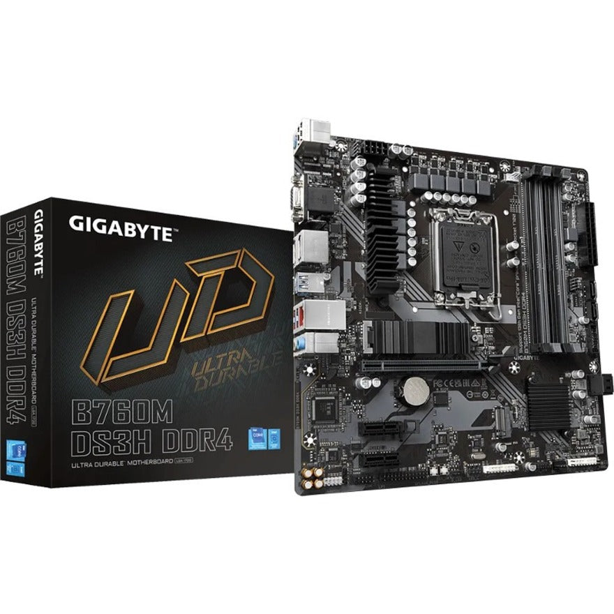 Gigabyte Ultra Durable B760M DS3H DDR4 Gaming Desktop Motherboard, Micro ATX, Intel Chipset, 7.1 Audio Channels, DDR4 SDRAM, 128GB Maximum Memory Supported, RAID Supported, PCI Express 3.0/4.0, HDMI/DisplayPort, USB 3.2 Gen 2 Type-C, Gigabit Ethernet