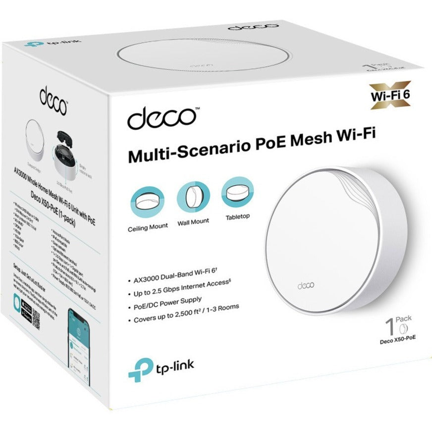 TP-Link DECO X50-POE(1-PACK) Deco AX3000 Whole Home Mesh WiFi 6 System with PoE, Dual Band, 2.5 Gigabit Ethernet, Alexa/Google Assistant Supported