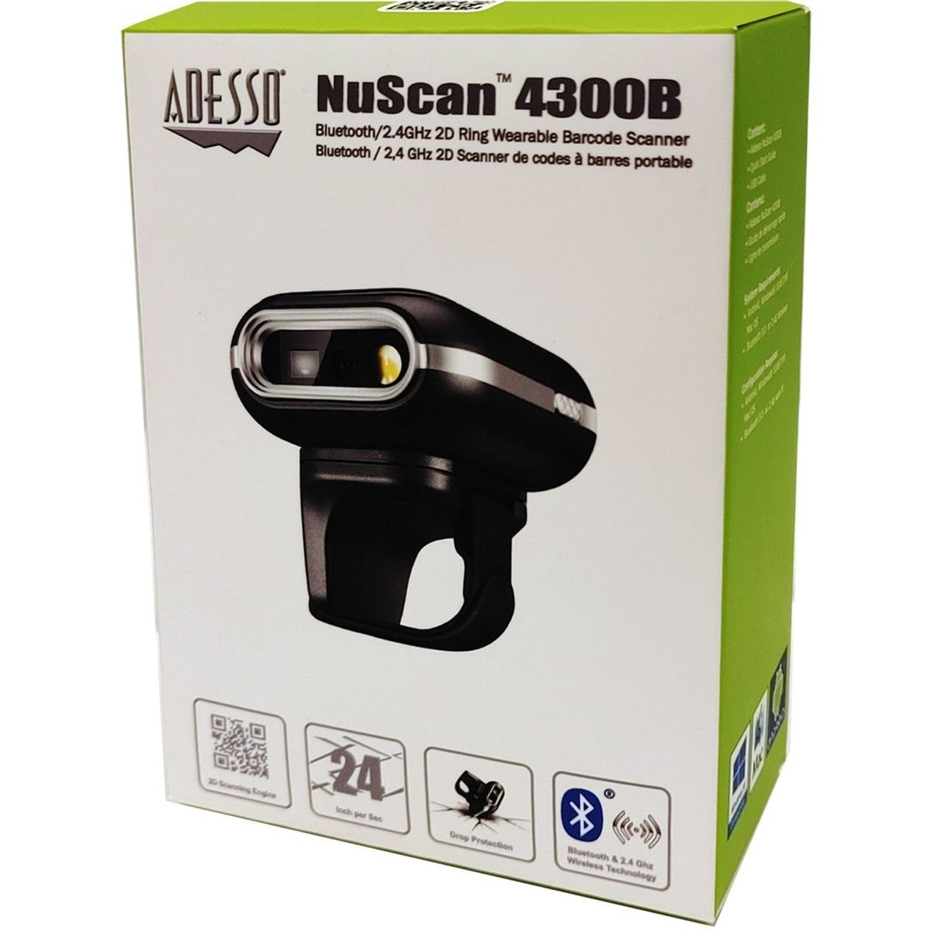 Adesso NUSCAN4300B NuScan 4300B Bluetooth 2D Ring Wearable Barcode Scanner, Long Range, Wireless