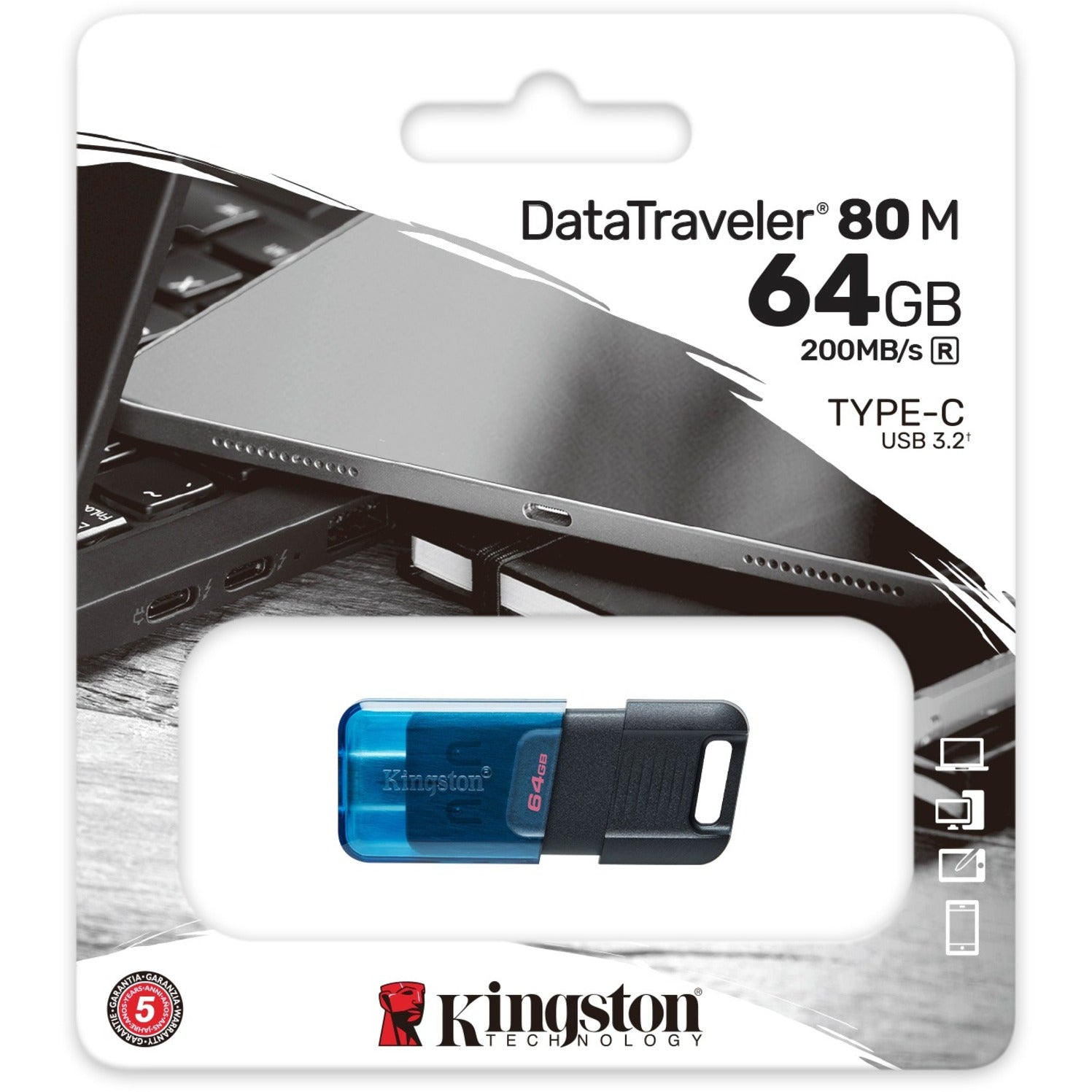 Kingston DT80M/64GB DataTraveler 80 M USB-C Flash Drive, 64GB Storage, 200MB/s Speed