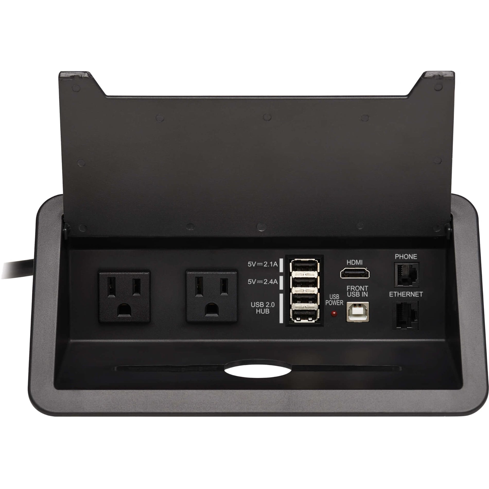 Tripp Lite PS222DATAM Power It! 2-Outlet In-Desk Power and Charging Dock, 4x USB-A, USB-B, HDMI, RJ11, RJ45, 10 ft. Cord, Antimicrobial Protection, Black