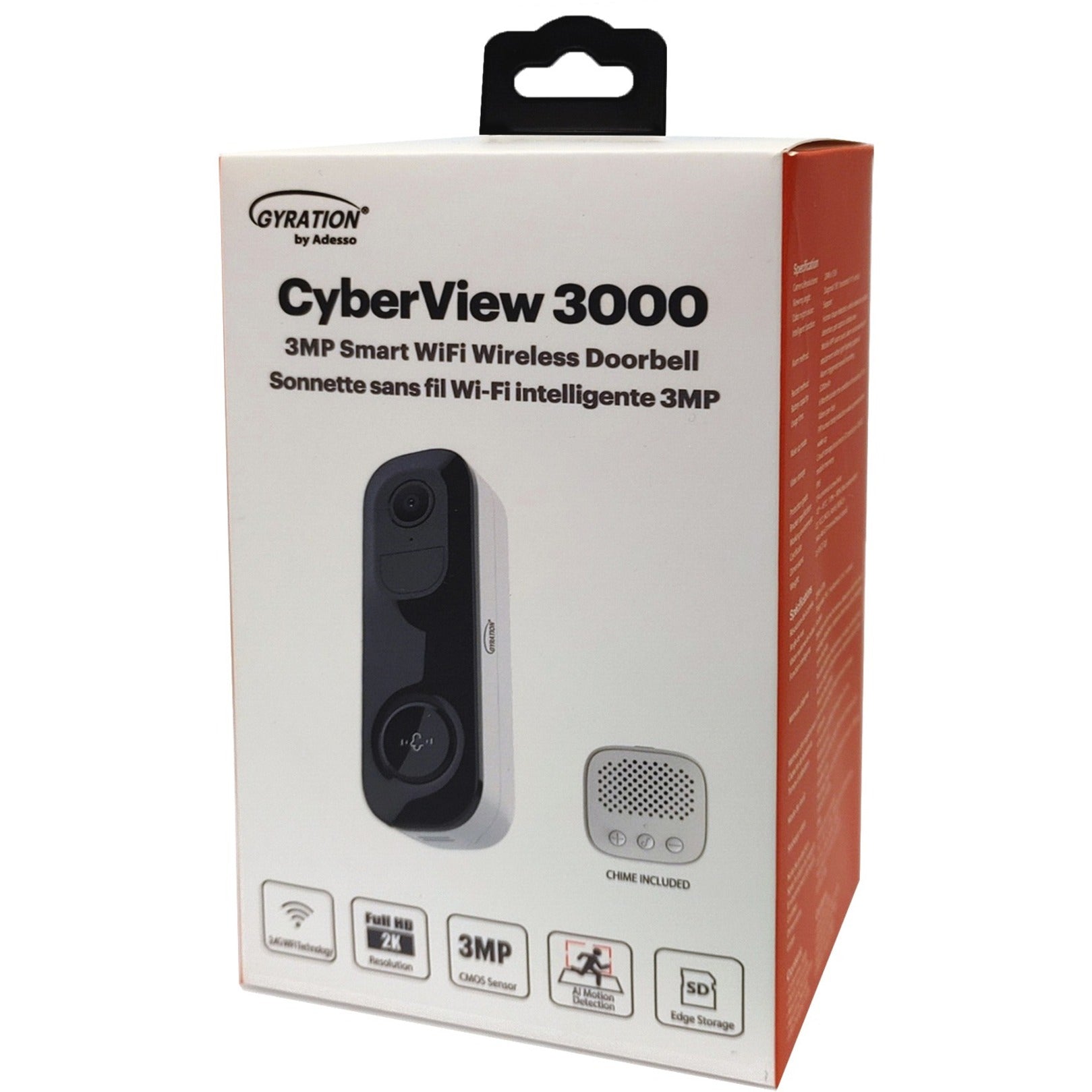 Gyration CYBERVIEW 3000 3MP Smart WiFi Wireless Doorbell Camera, 2048X1536 @15FPS, PIR Design, IP65 Rated