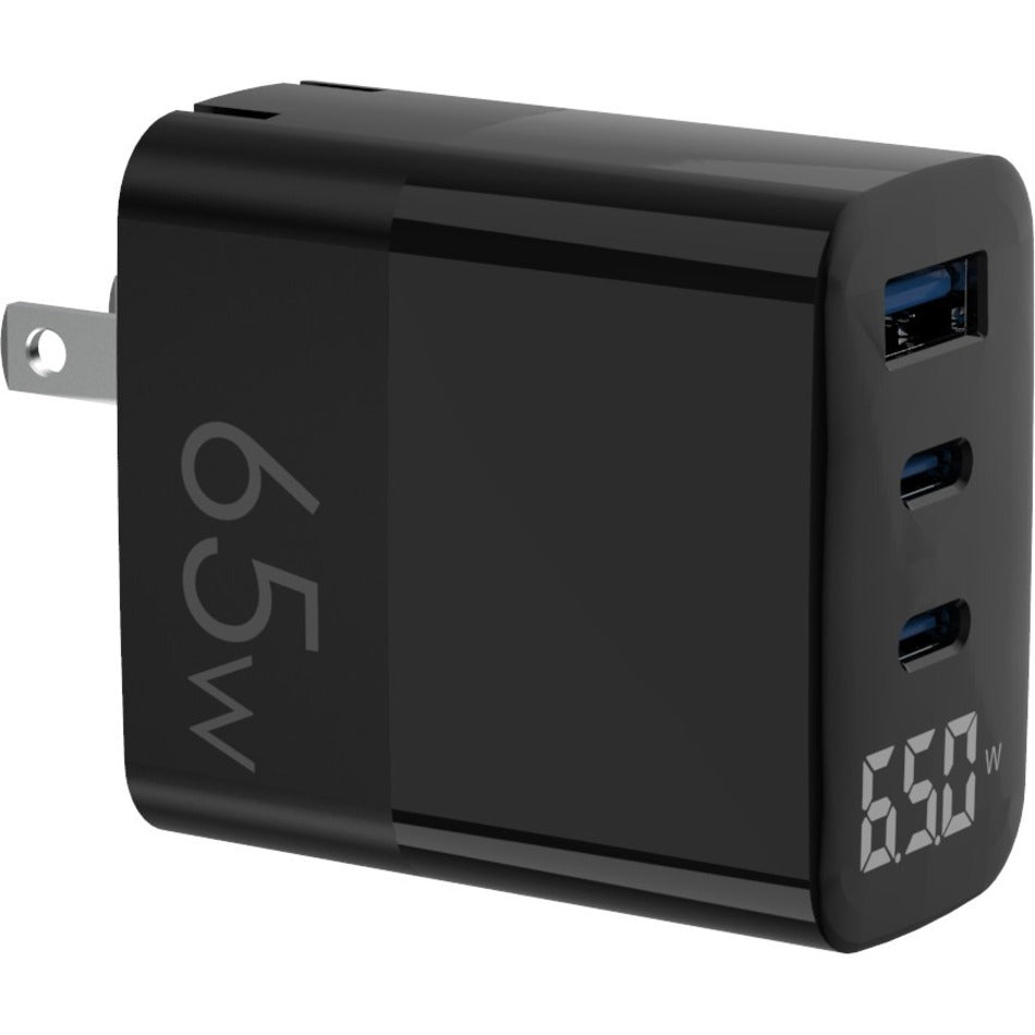 4XEM 4XGAN00265WB 65W GaN Wall Charger Triple Output with Display - Black, Fast Charging for Multiple Devices
