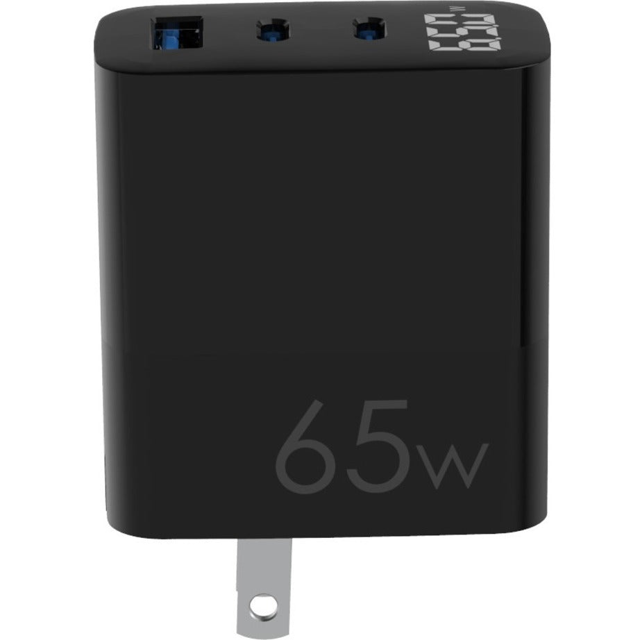 4XEM 4XGAN00265WB 65W GaN Wall Charger Triple Output with Display - Black, Fast Charging for Multiple Devices