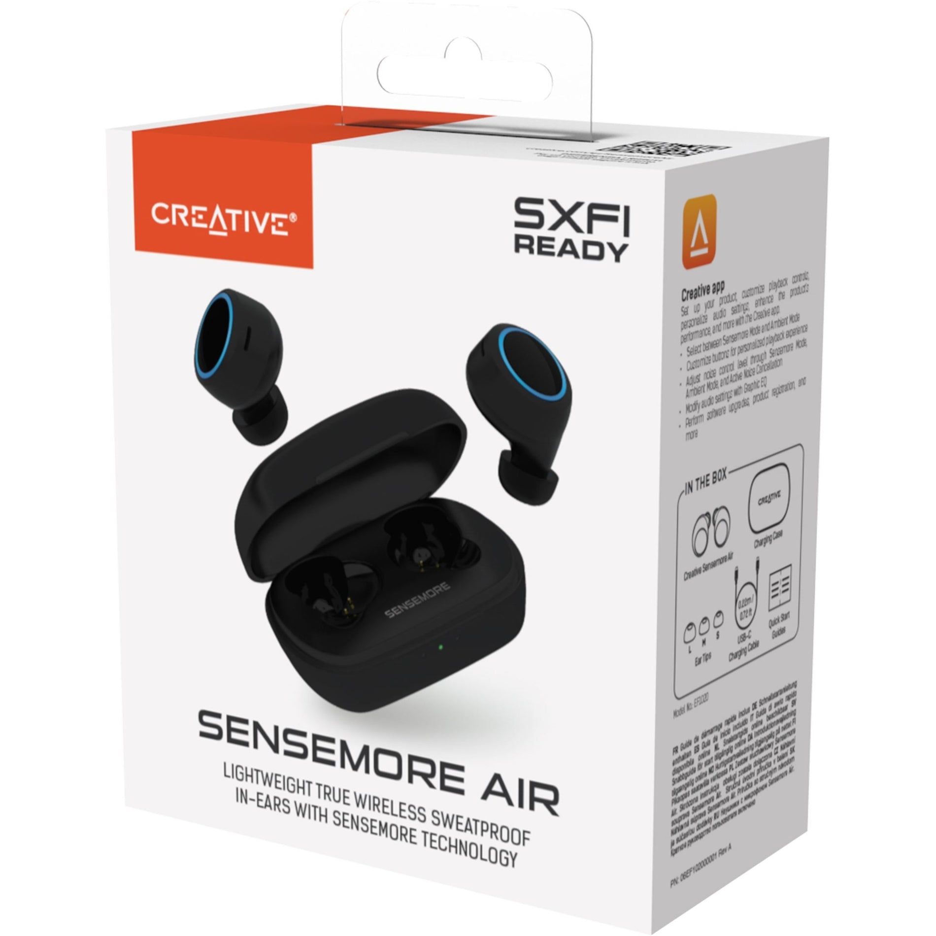 Creative 51EF1020AA000 Sensemore Air Lightweight True Wireless Sweatproof In-ear Headphones, Active Noise Canceling, Touch Control, Qi Wireless Charging