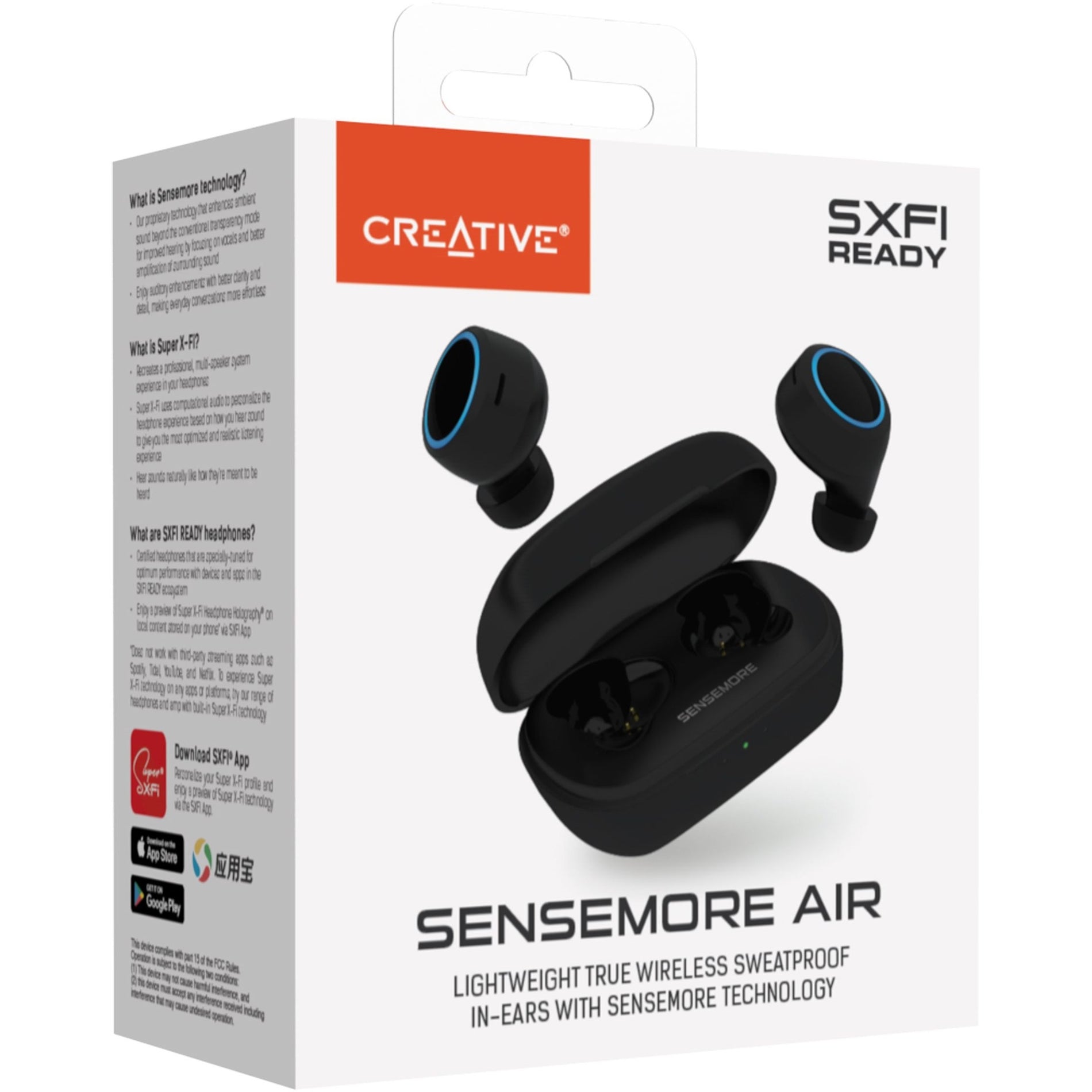 Creative 51EF1020AA000 Sensemore Air Lightweight True Wireless Sweatproof In-ear Headphones, Active Noise Canceling, Touch Control, Qi Wireless Charging