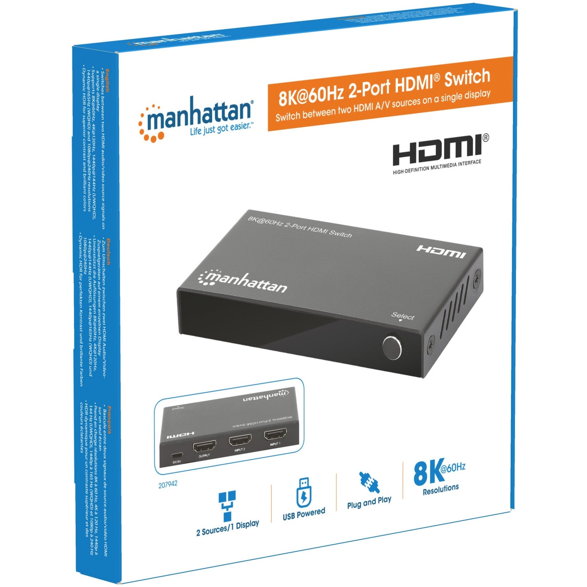 Manhattan 207942 8K@60Hz 2-Port HDMI Switch, Supports Ultra HD Video and Easy Connectivity