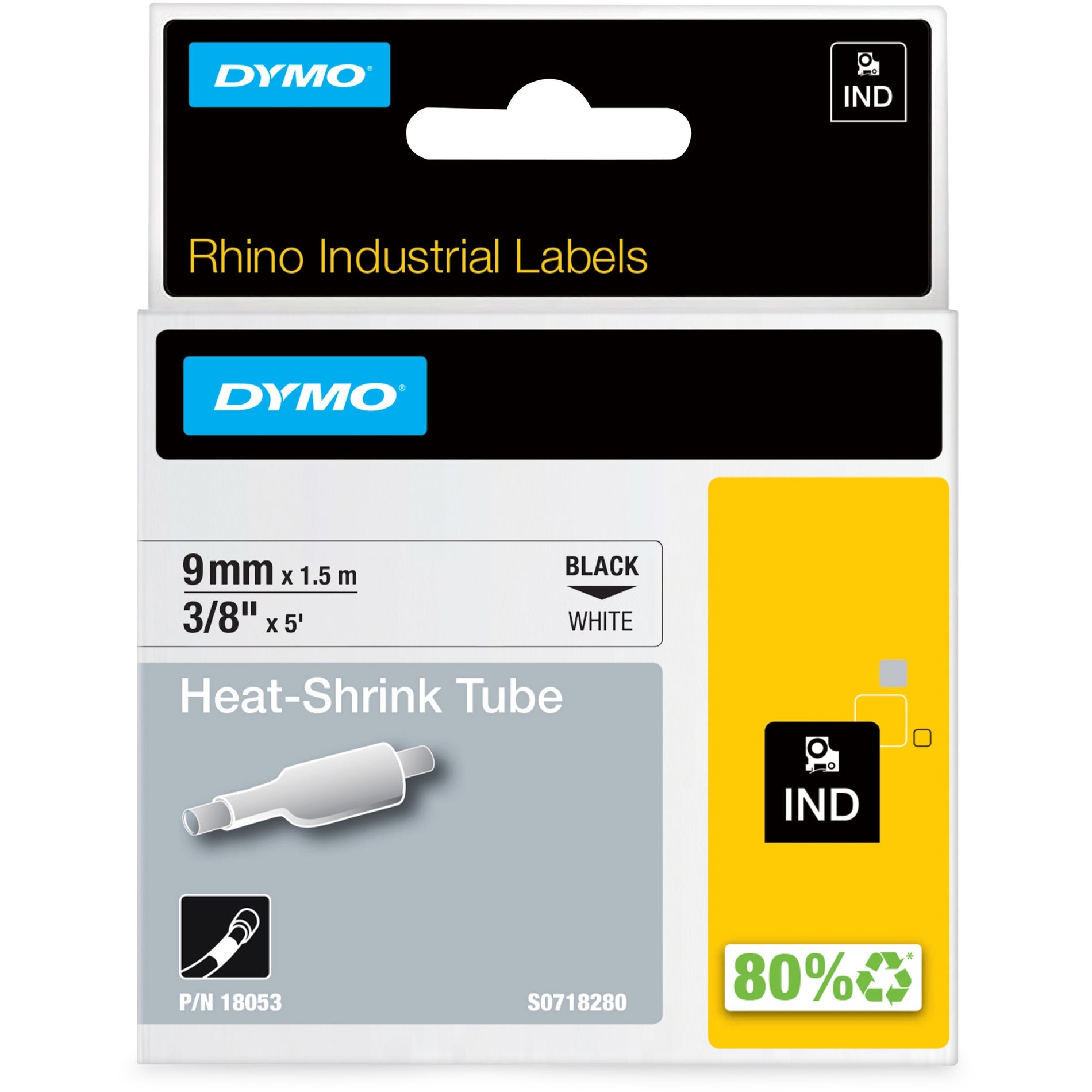 Dymo 18053 Rhino Heat Shrink Tube Labels, Wire & Cable Label, 3/8"x5', Black on White