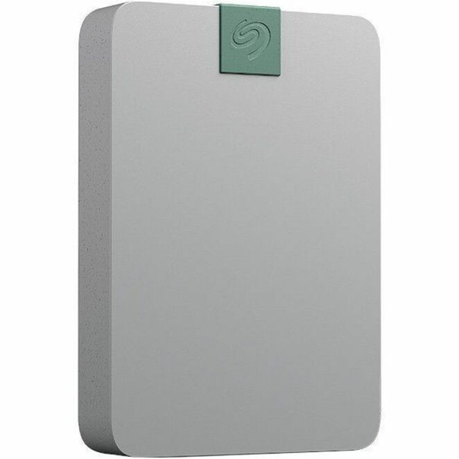 Front view of Seagate Ultra Touch 5TB portable hard drive in pebble gray with green accent
