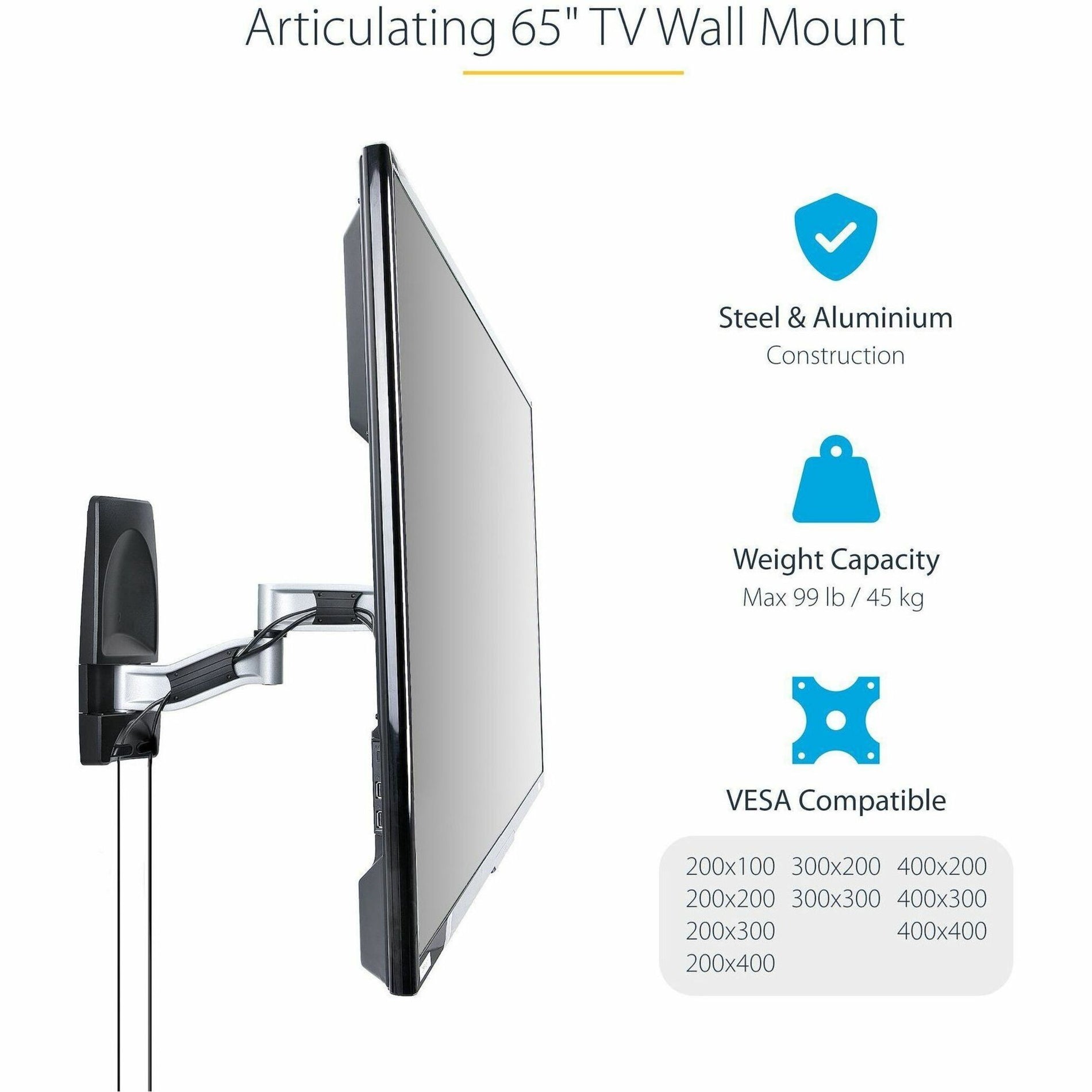 StarTech.com TV-WALL-MOUNT-65FS Wall Mount, Low Profile, 65" Maximum Screen Size Supported, 99.21 lb Maximum Load Capacity, Silver