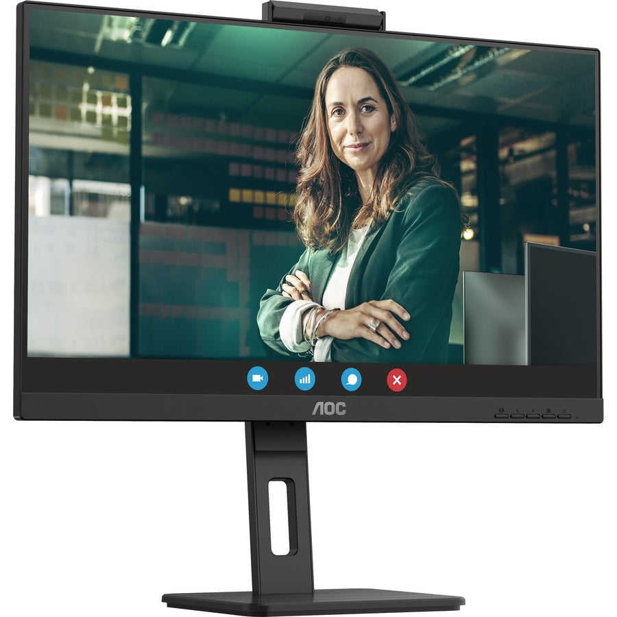AOC Q27P3CW monitor displaying a professional video call with a businesswoman, showcasing the integrated 5MP webcam and video conferencing interface-alternate-image1
