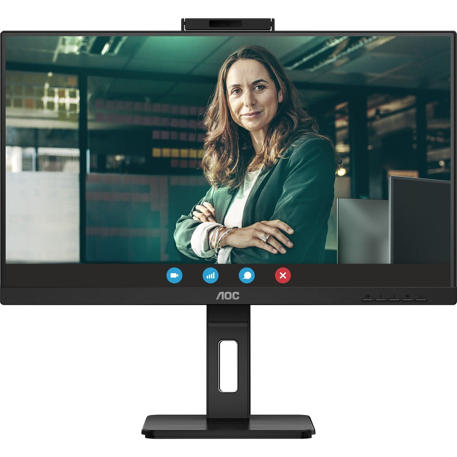 Close-up view of AOC Q27P3CW monitor showing frameless design and high-quality WQHD display during video conferencing-alternate-image2