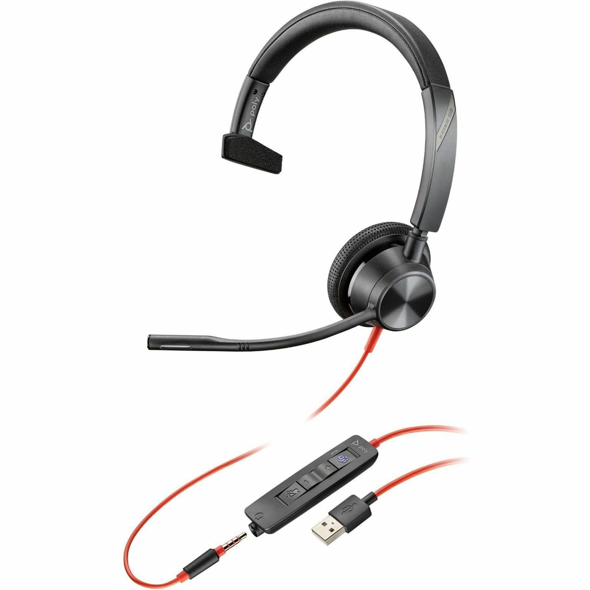 Poly 76J13AA Blackwire 3315 Headset, USB Type A and 3.5mm Wired, Mono Sound, Noise Reduction