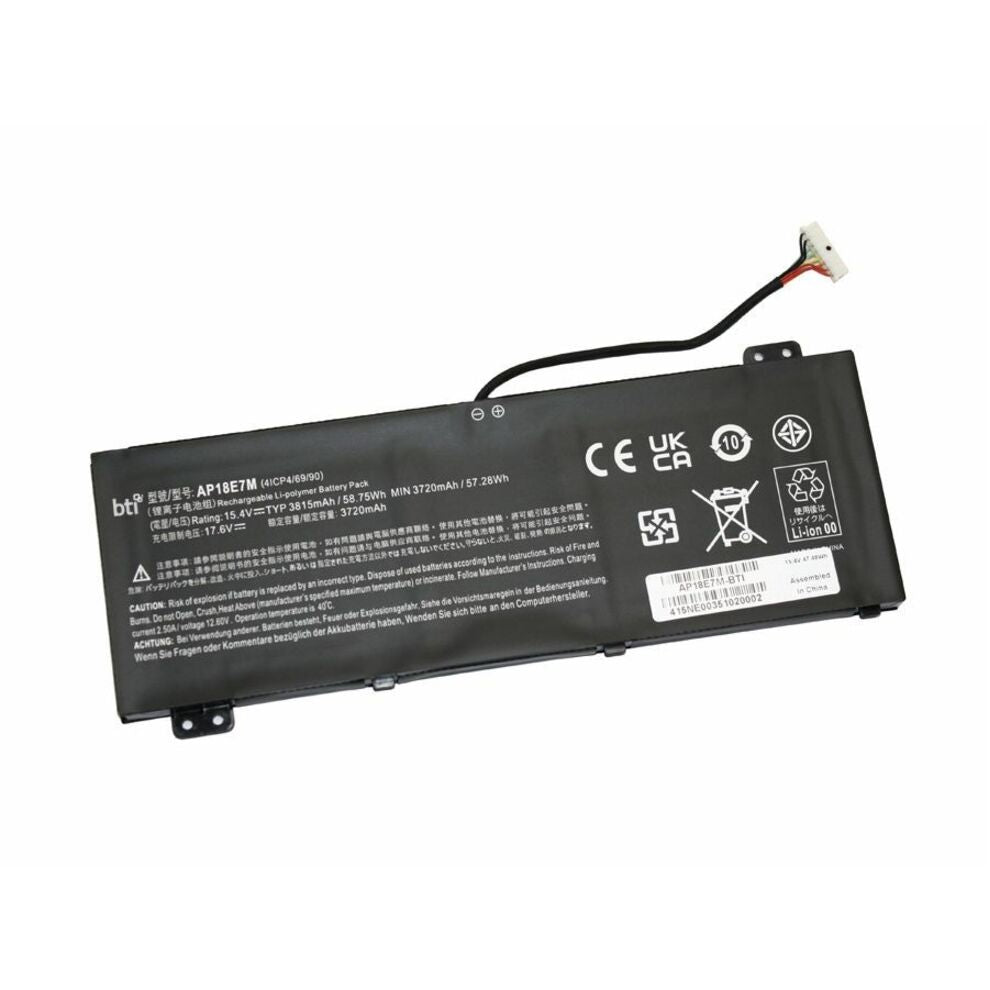 BTI AP18E7M-BTI Battery, 18 Month Limited Warranty, Environmentally Friendly, Lithium Ion (Li-Ion), 57.28 Wh, 15.4 V, 4 Cells, 3720 mAh, Netbook