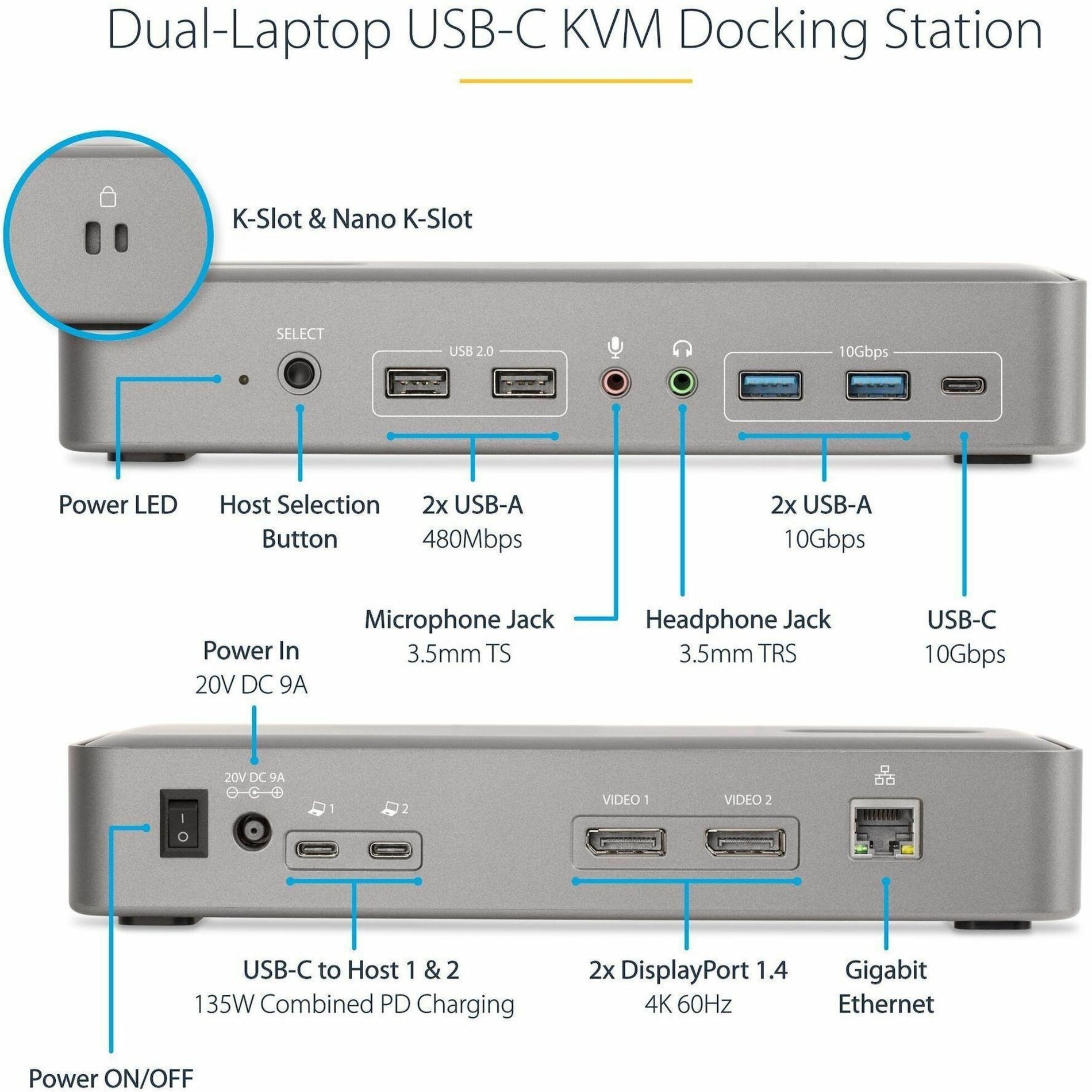StarTech.com 129N-USBC-KVM-DOCK Docking Station, USB-C, 4K Display, 7 USB Ports, Gigabit Ethernet